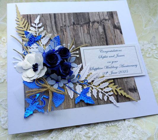 Unique, Handmade, 45th Sapphire Wedding Anniversary Card * 3D *  Boxed * Personalised * Rustic style * Luxury