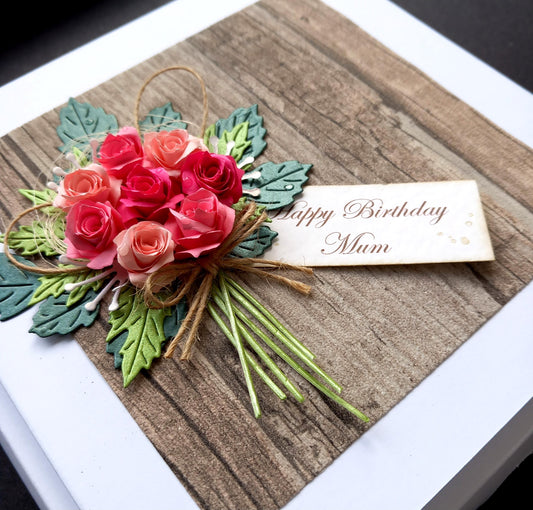 Unique, Handmade, Birthday  or any occasion Card * Personalised * 3D * Rustic Style * Boxed * Luxury  * Pink Roses Bouquet