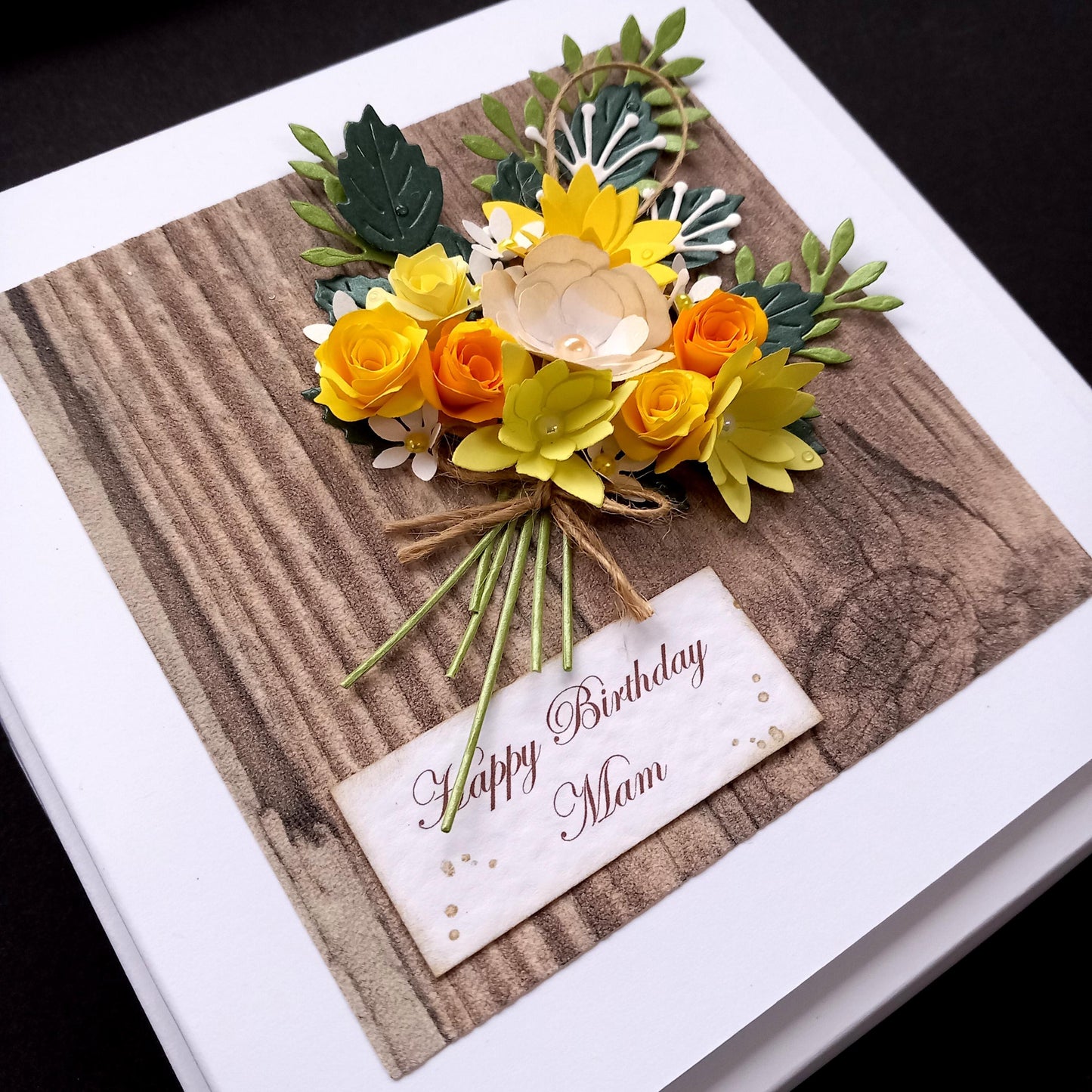 Handmade Luxury Birthday Card * Personalised * Boxed * 3D * Unique Rustic Style with Yellow Bouquet