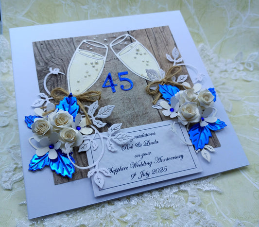 Unique, Handmade 45th  Sapphire Wedding Anniversary Card * 3D *  Boxed * Personalised * Rustic style * Luxury