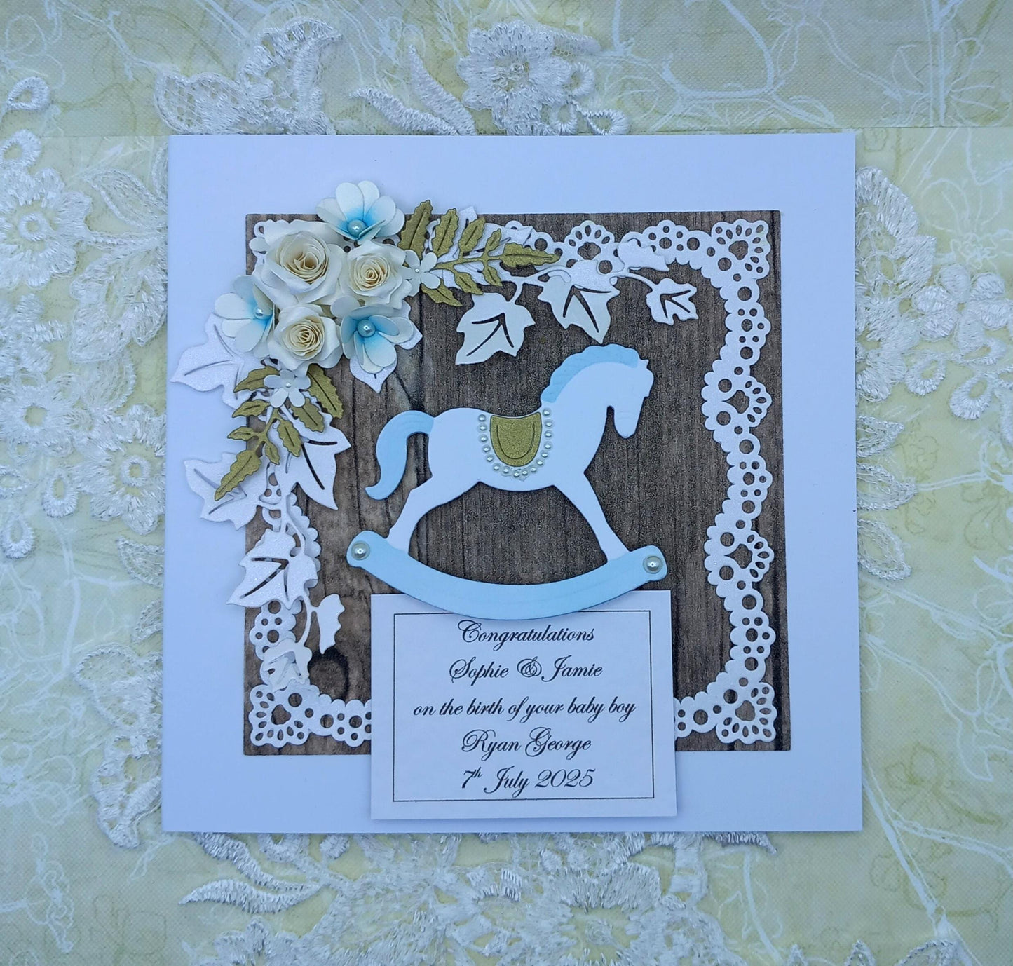 Unique, Handmade New / Birth of Baby Boy Card * 3D * Personalised * Boxed * Rustic Style * Luxury
