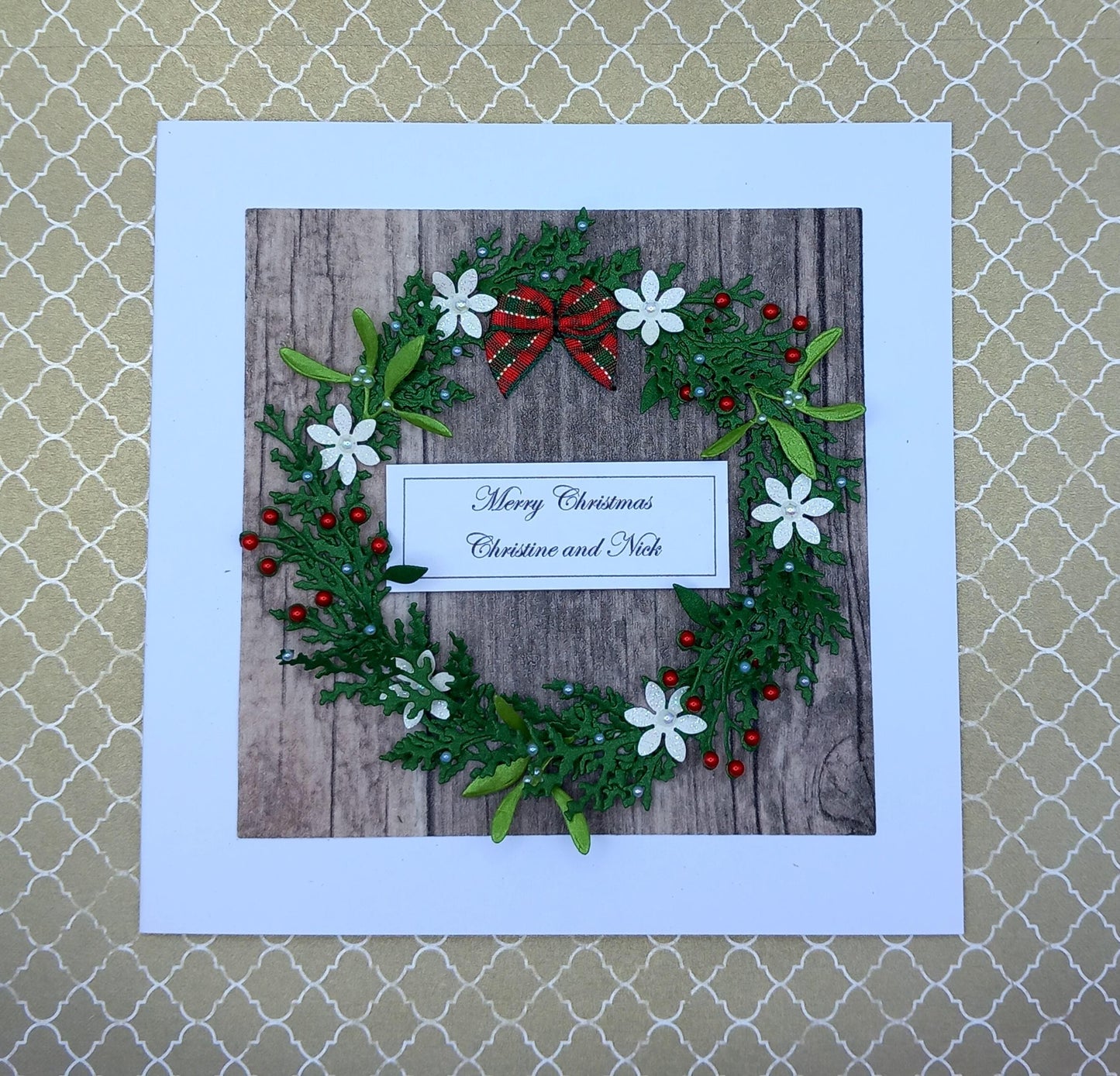 Handmade Luxury Christmas Card * Personalised * 3D * Boxed * Rustic Style with wreath.