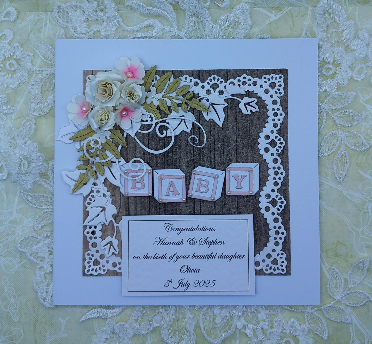 Unique, Handmade New / Birth of Baby Girl Card * Rustic Style * 3D * Personalised * Boxed * Luxury