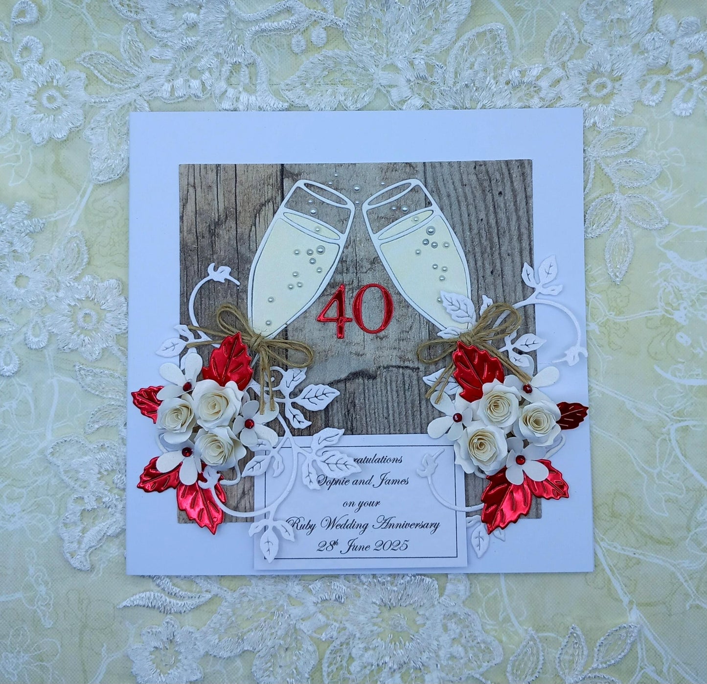 Unique, Handmade 40th  Ruby Wedding Anniversary Card * 3D * Boxed * Personalised *  Rustic Style * Luxury