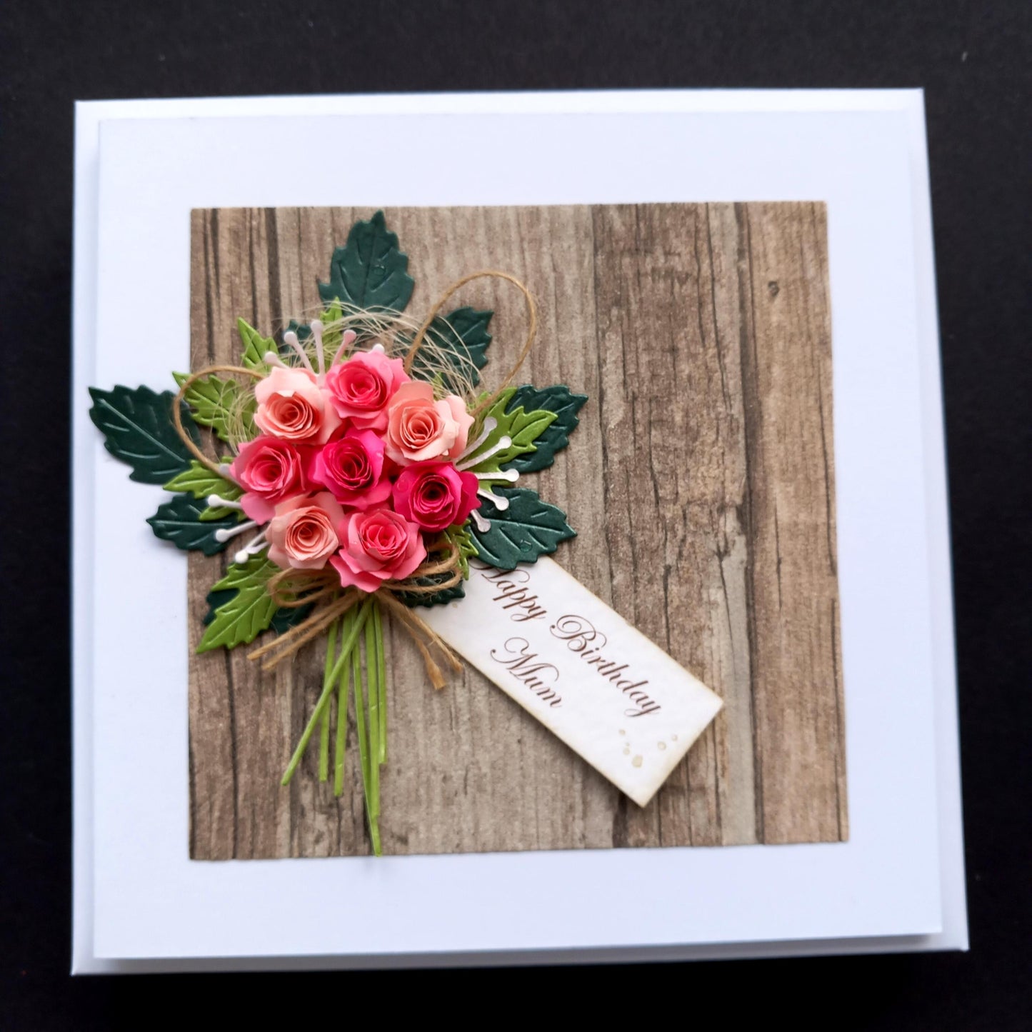 Unique, Handmade, Birthday  or any occasion Card * Personalised * 3D * Rustic Style * Boxed * Luxury  * Pink Roses Bouquet