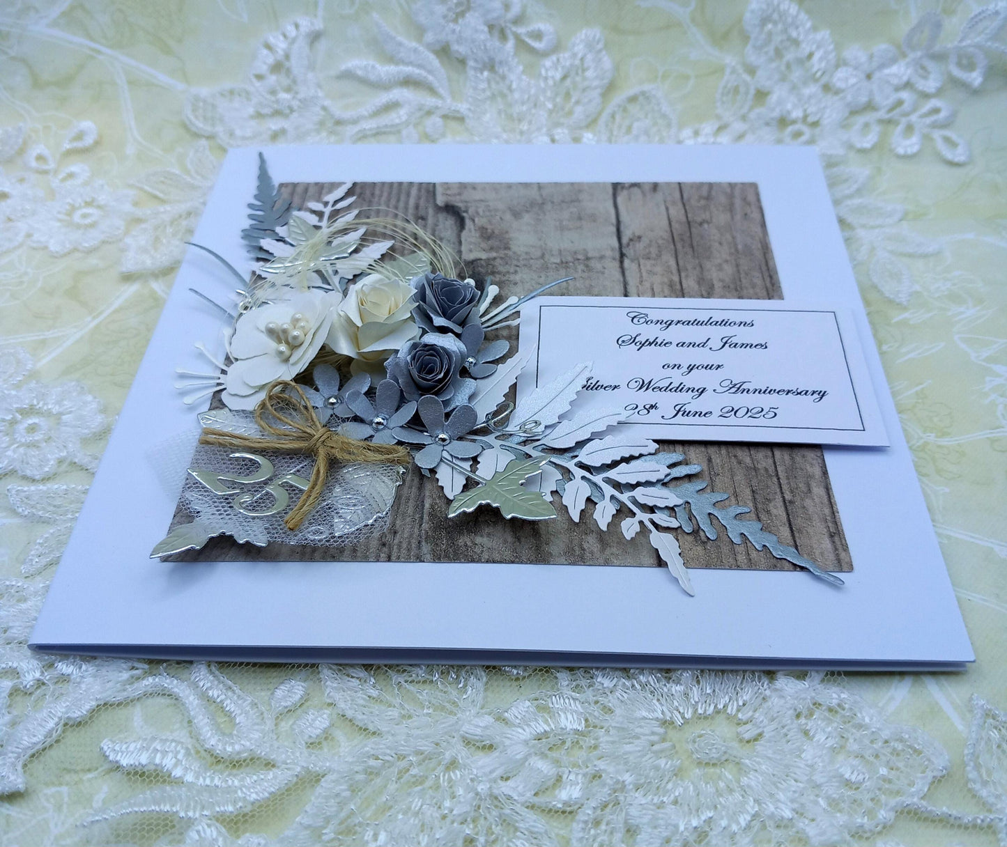 Unique, Handmade, 25th / Silver Wedding [ Anniversary Card * 3D * Personalised * Boxed * Rustic Style * Luxury