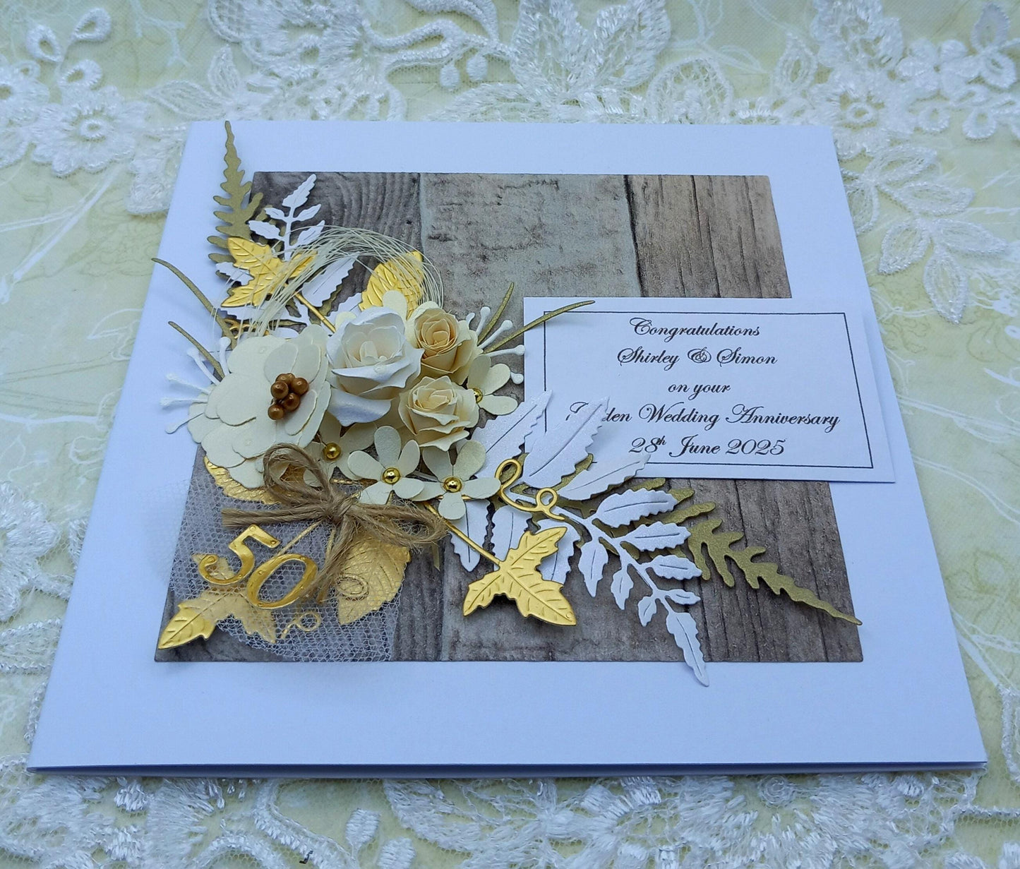 Unique, Handmade, Golden Wedding Anniversary Card * 50th * Personalised * 3D * Boxed * Rustic Style * Luxury