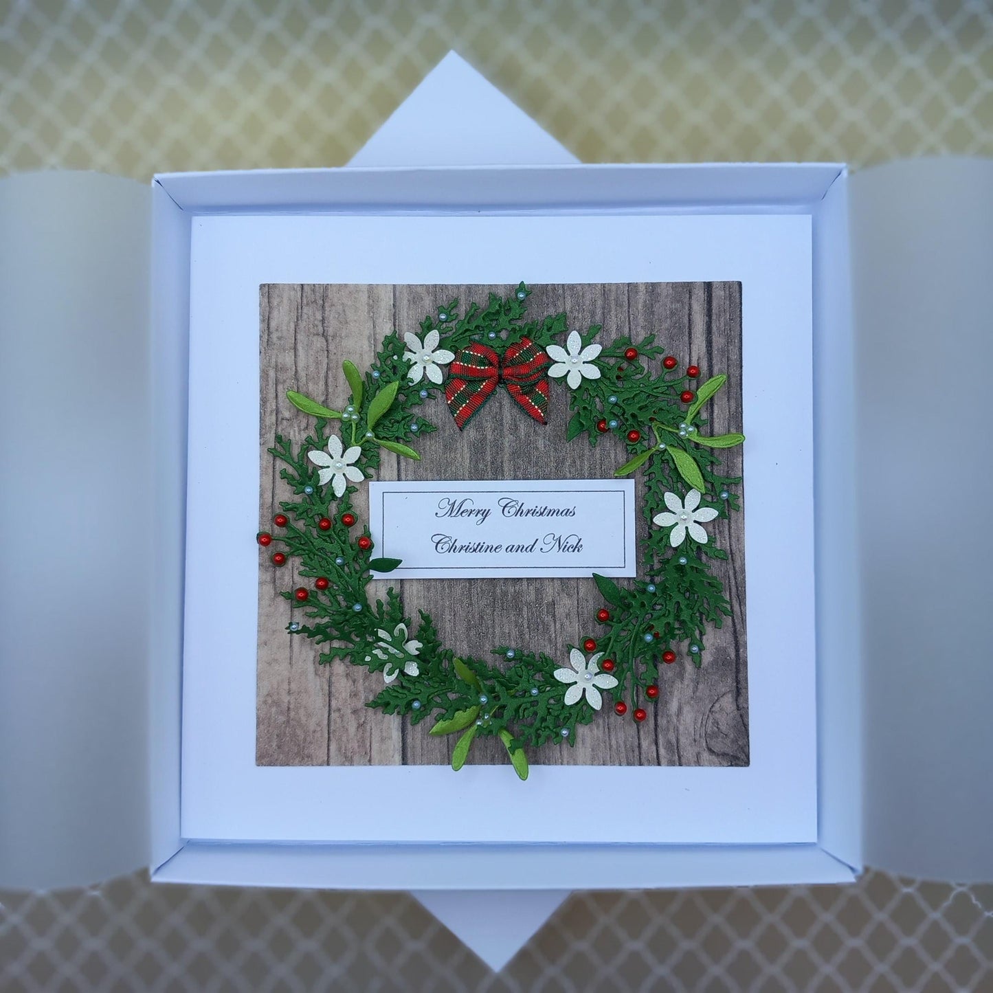 Handmade Luxury Christmas Card * Personalised * 3D * Boxed * Rustic Style with wreath.