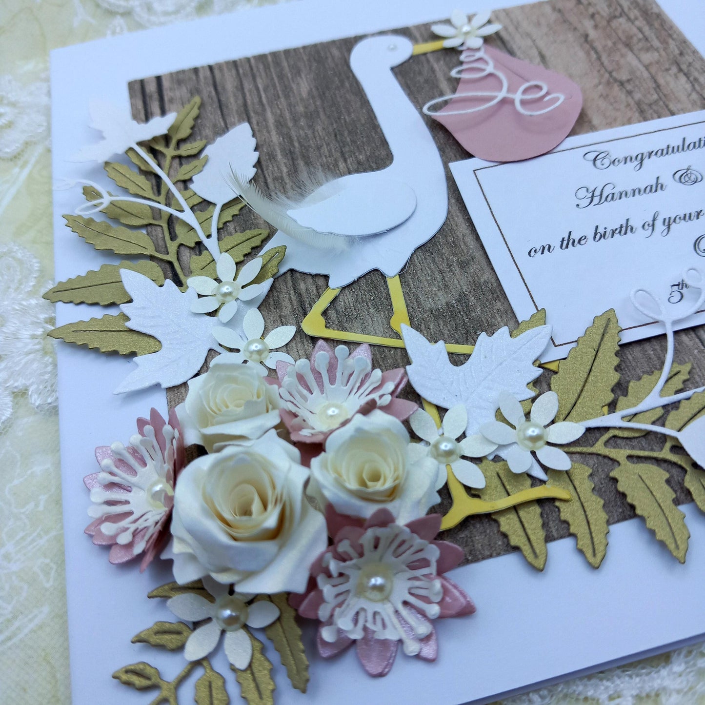 Unique, Handmade New / Birth of Baby Girl Card * Rustic Style * 3D * Personalised * Boxed * Luxury
