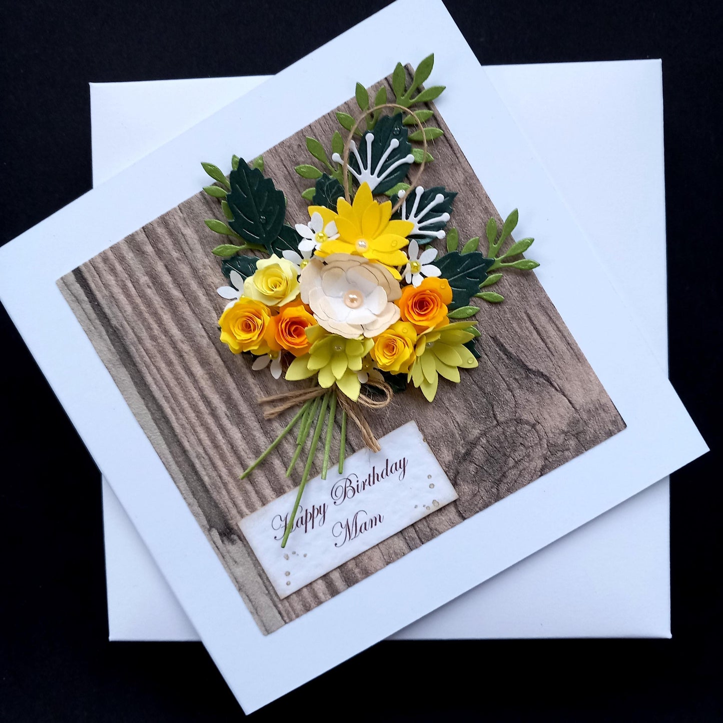 Handmade Luxury Birthday Card * Personalised * Boxed * 3D * Unique Rustic Style with Yellow Bouquet