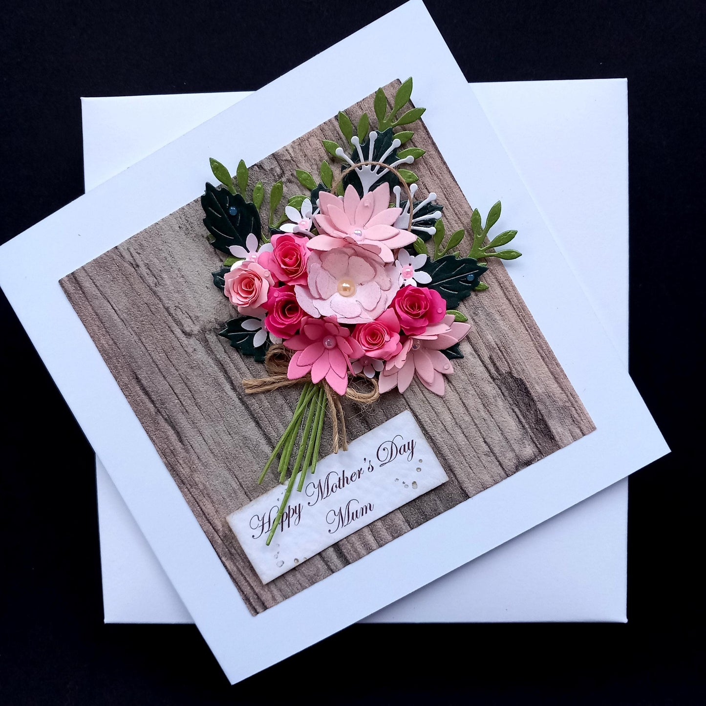 Handmade Luxury Birthday Card * Personalised * Boxed * 3D * Unique Rustic Design with Pink Flowers Bouquet