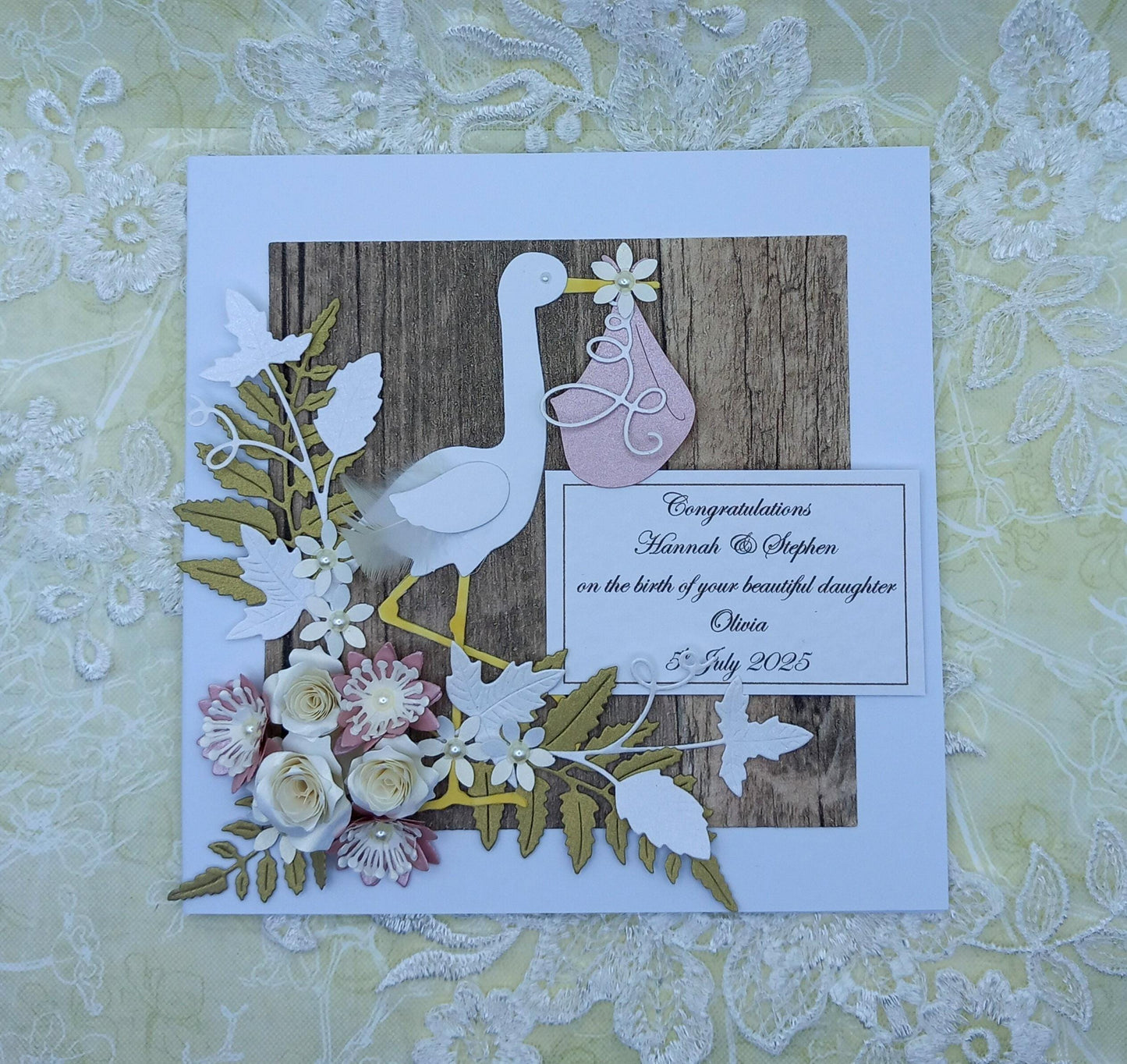 Unique, Handmade New / Birth of Baby Girl Card * Rustic Style * 3D * Personalised * Boxed * Luxury