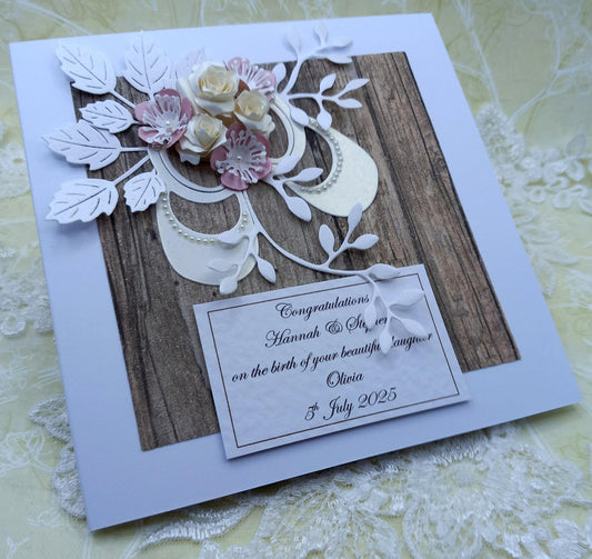 Unique, Handmade,  New / Birth of Baby Girl / Christening / Baptism Card * Personalised * 3D * Boxed * Luxury