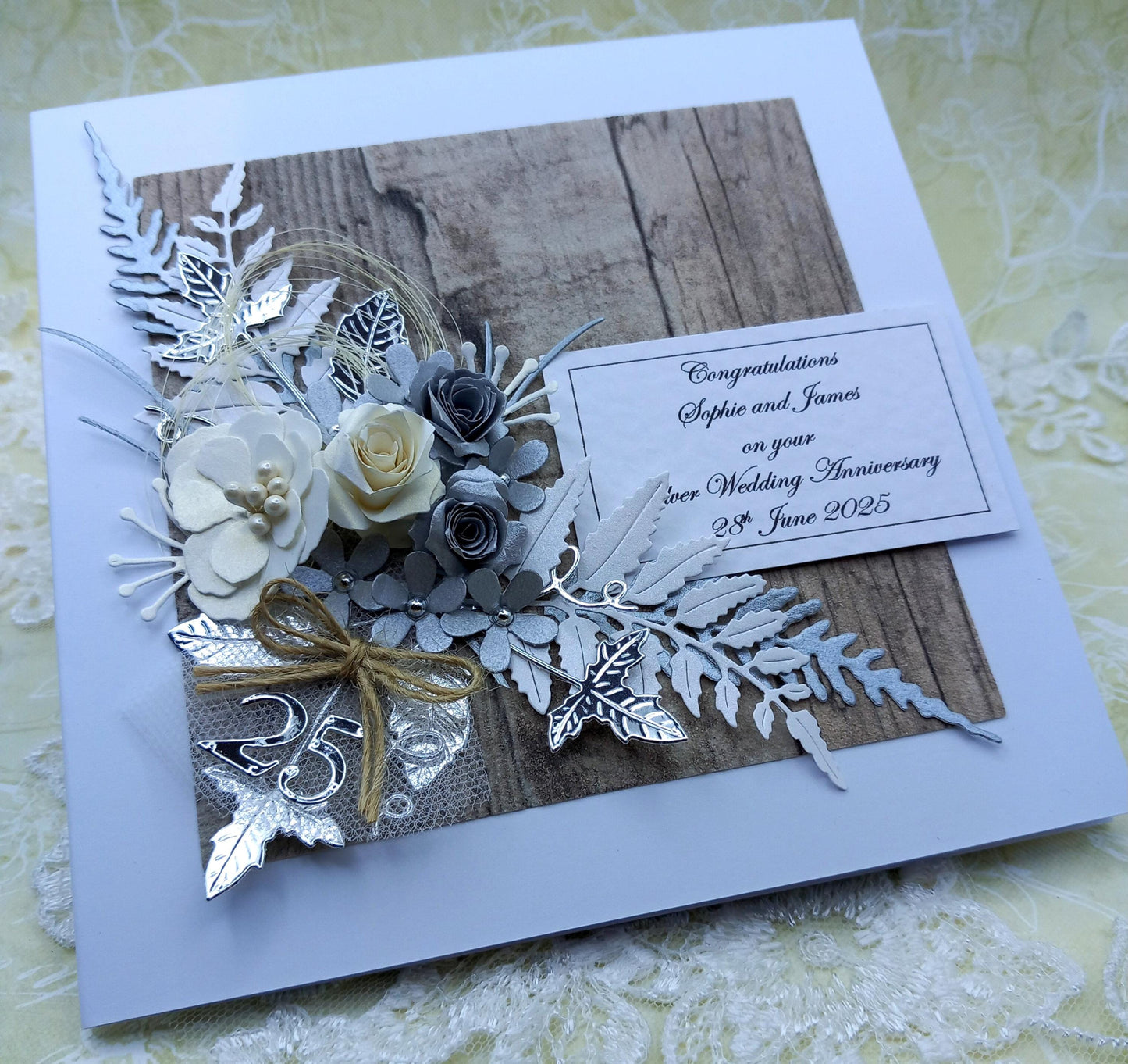 Unique, Handmade, 25th / Silver Wedding [ Anniversary Card * 3D * Personalised * Boxed * Rustic Style * Luxury