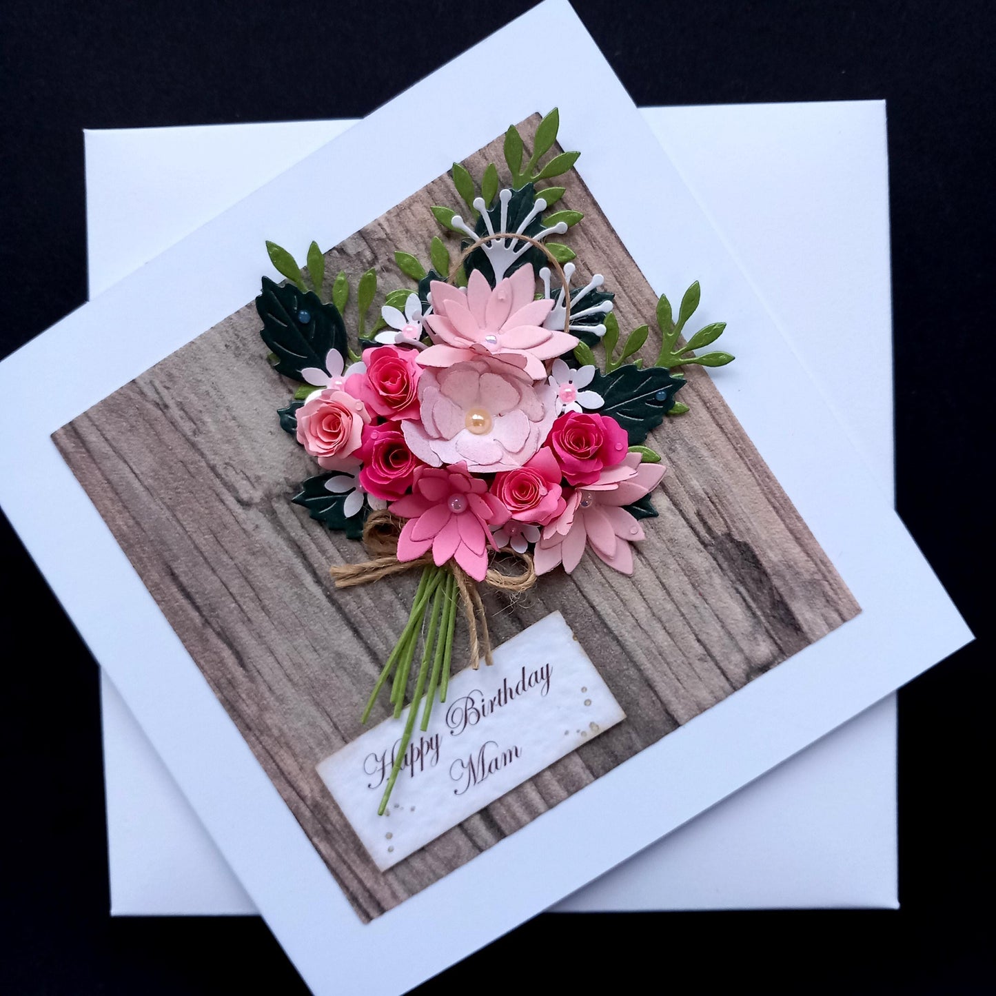 Handmade Luxury Birthday Card * Personalised * Boxed * 3D * Unique Rustic Design with Pink Flowers Bouquet