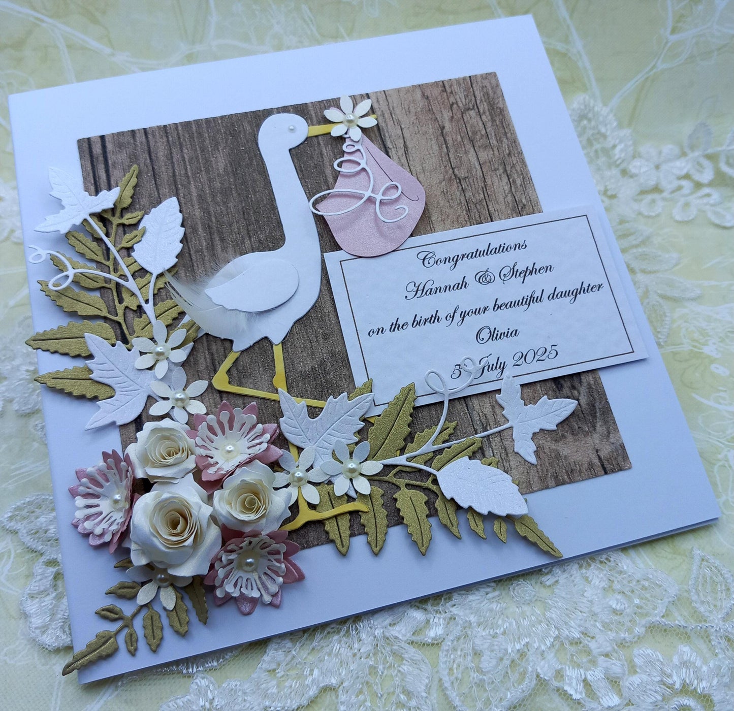 Unique, Handmade New / Birth of Baby Girl Card * Rustic Style * 3D * Personalised * Boxed * Luxury