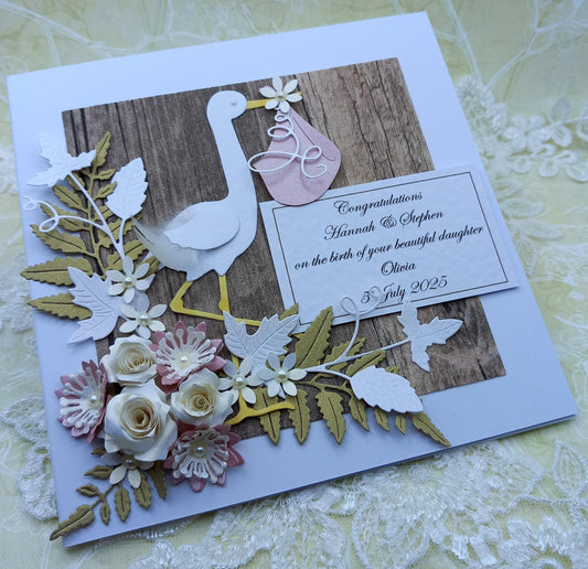 Unique, Handmade New / Birth of Baby Girl Card * Rustic Style * 3D * Personalised * Boxed * Luxury