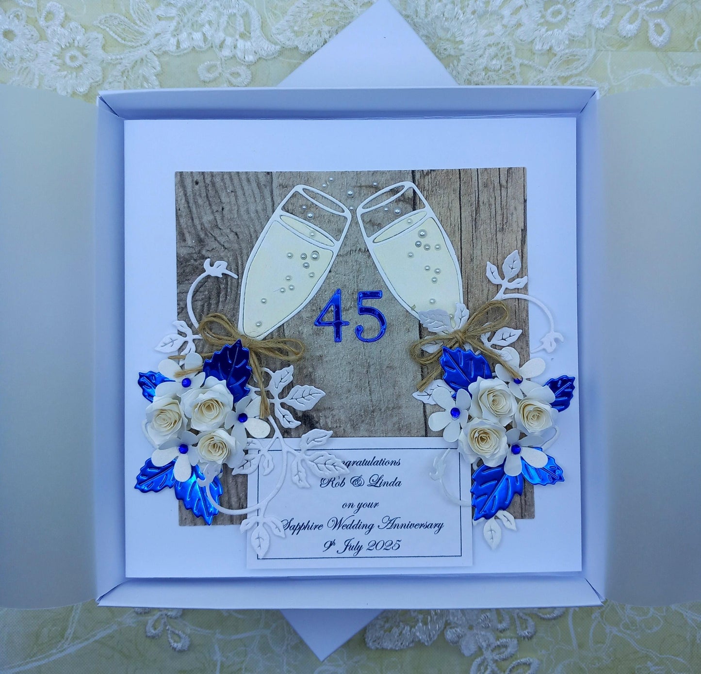 Unique, Handmade 45th  Sapphire Wedding Anniversary Card * 3D *  Boxed * Personalised * Rustic style * Luxury