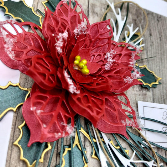 Handmade Luxury Christmas Card * Personalised * 3D * Boxed * Rustic Style with red poinsettia