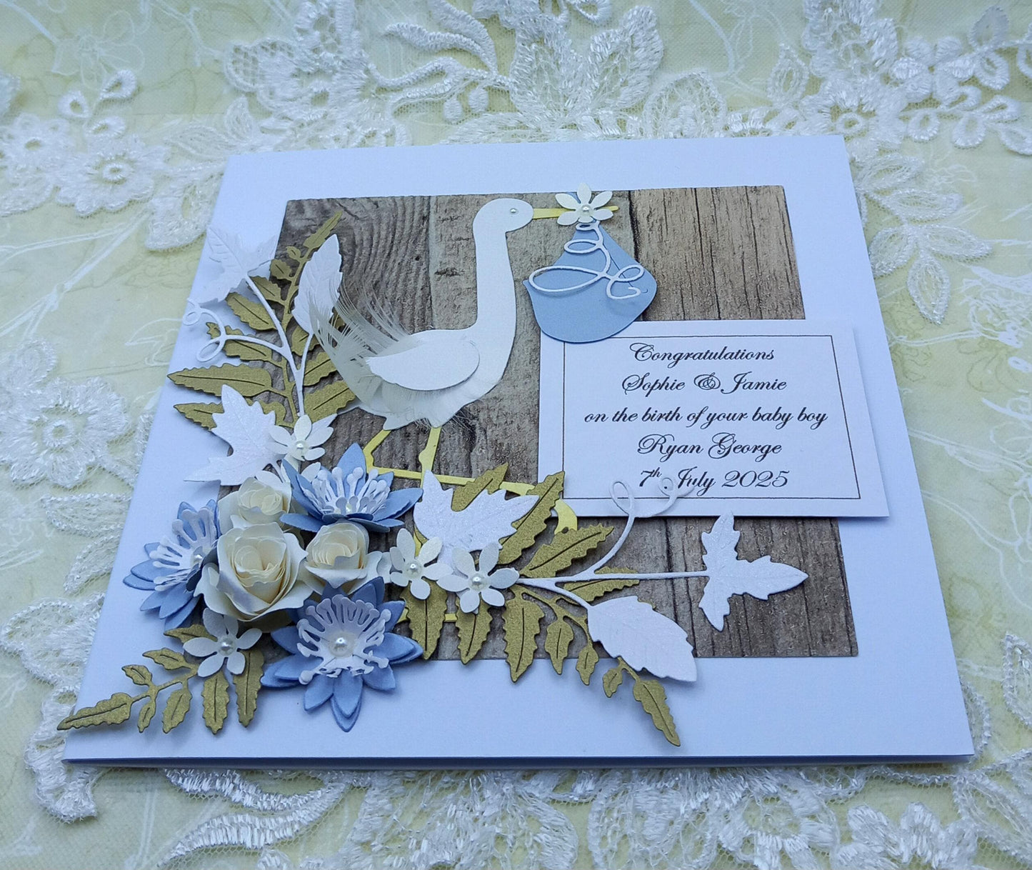 Unique, Handmade New / Birth of Baby Boy Card * 3D * Personalised * Boxed * Rustic Style * Luxury