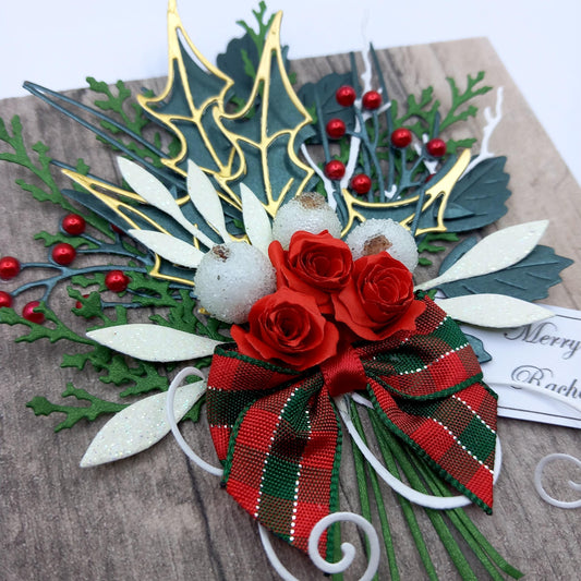 Handmade Luxury Christmas Card * Personalised * 3D * Boxed * Rustic Style * Christmas bouquet with tartan bow.