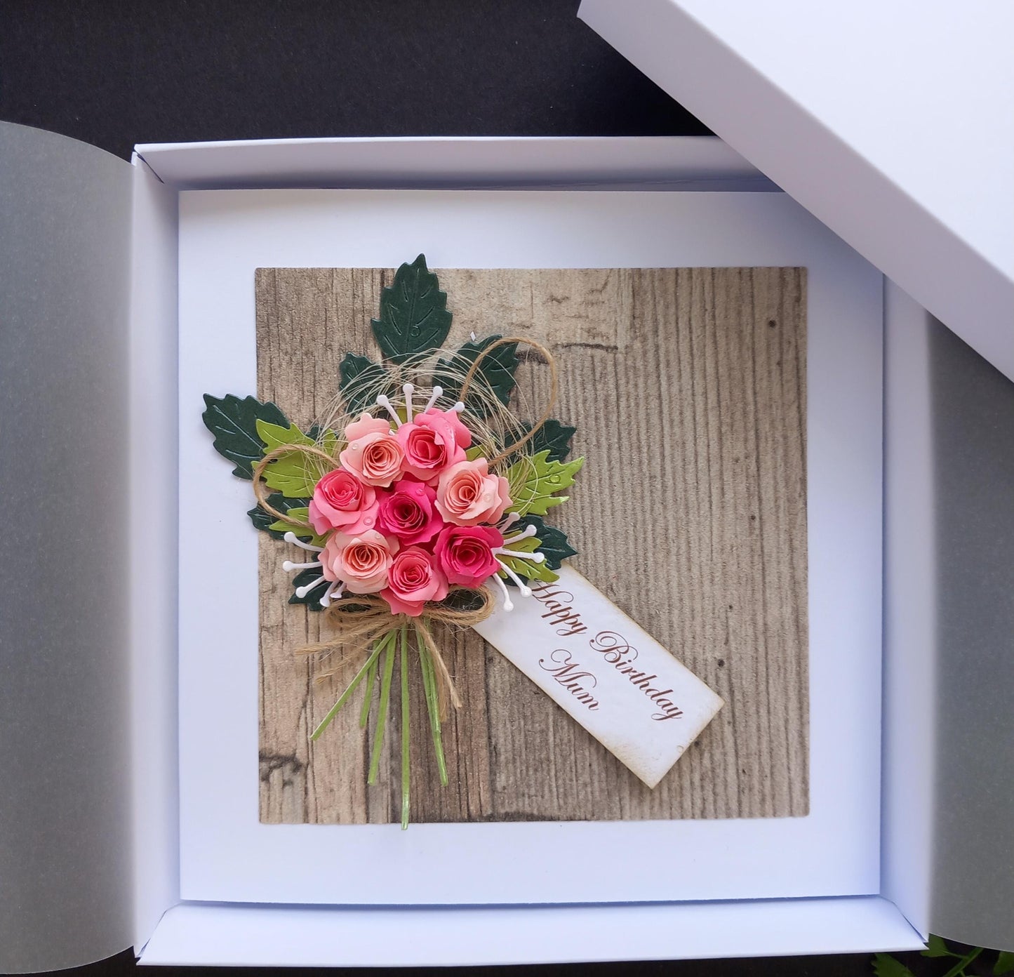Unique, Handmade, Birthday  or any occasion Card * Personalised * 3D * Rustic Style * Boxed * Luxury  * Pink Roses Bouquet