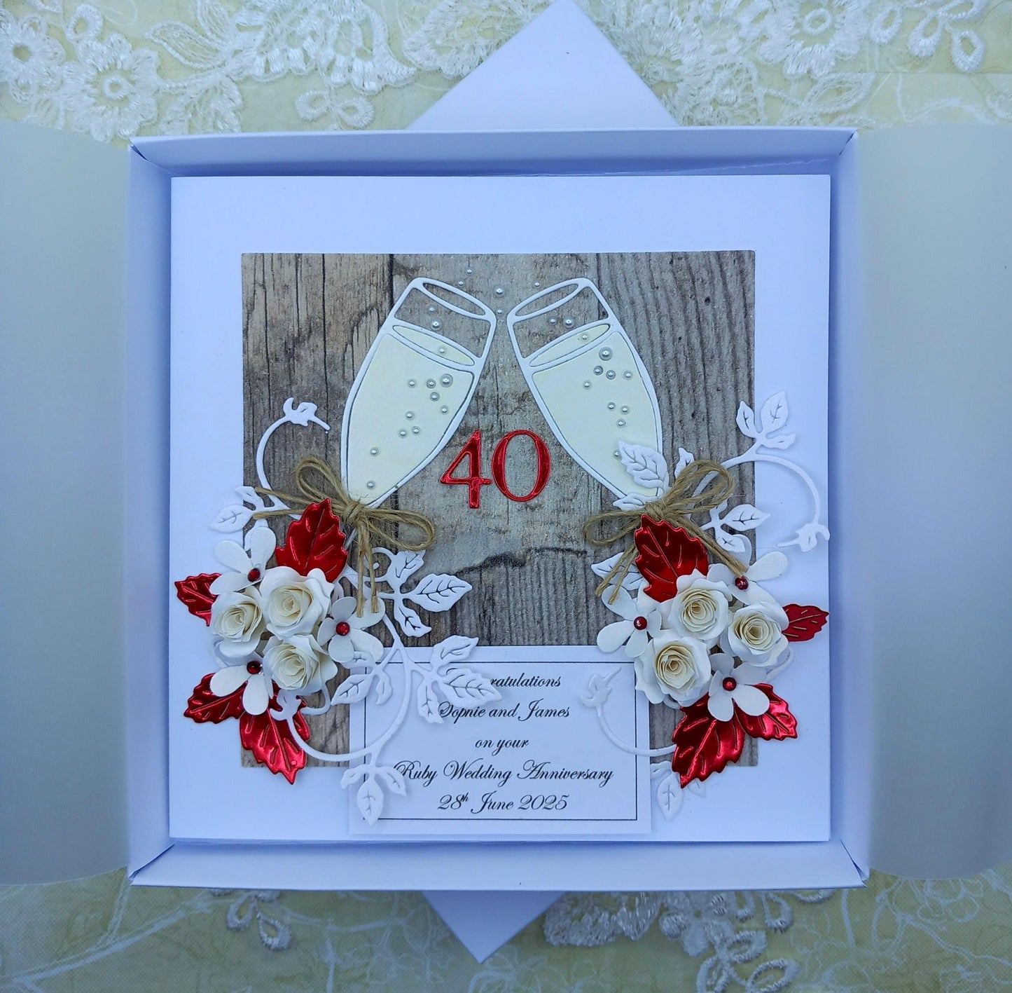Unique, Handmade 40th  Ruby Wedding Anniversary Card * 3D * Boxed * Personalised *  Rustic Style * Luxury