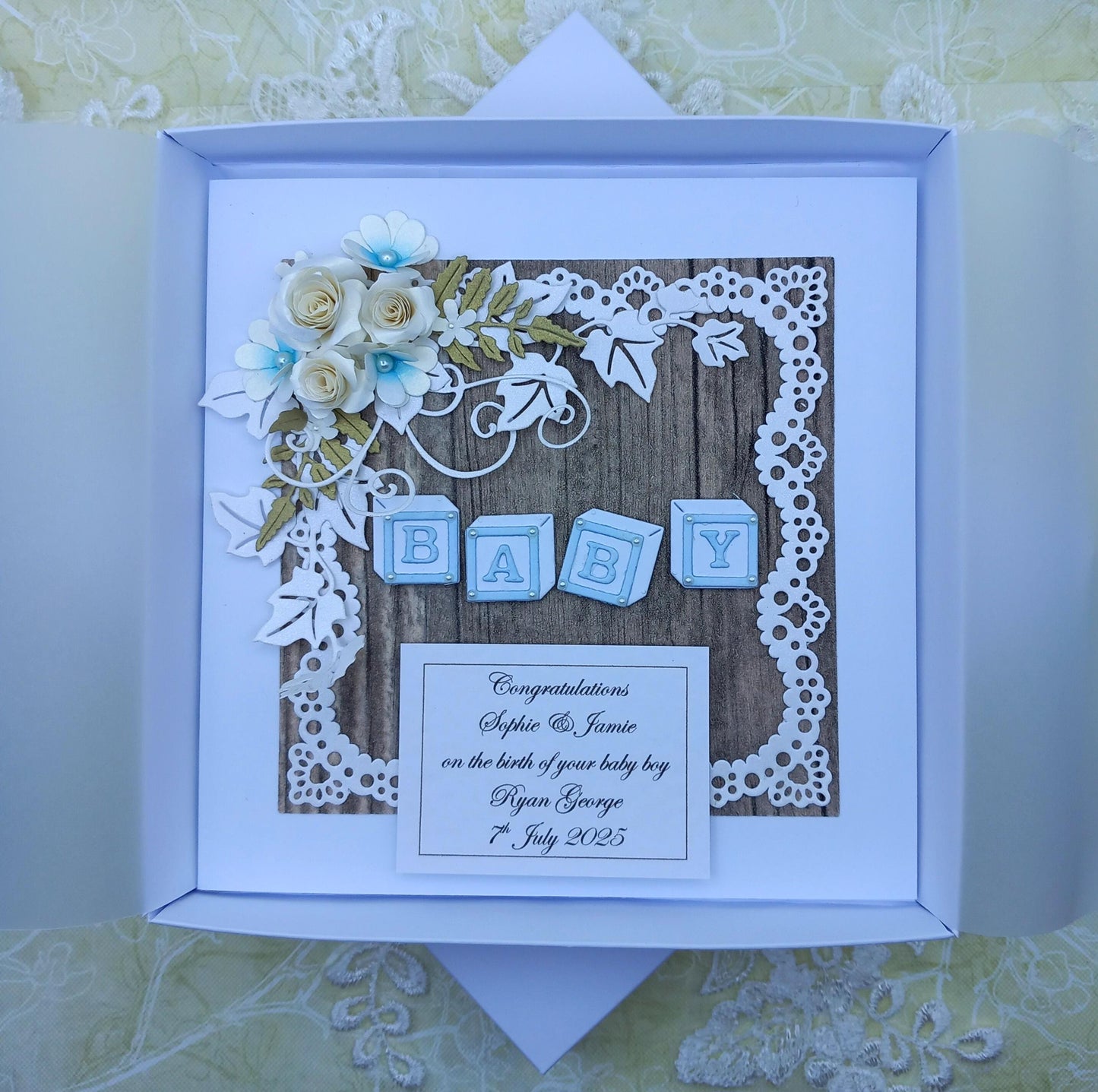 Unique, Handmade,  New / Birth of Baby Boy Card * 3D * Personalised * Boxed * Rustic Style * Luxury