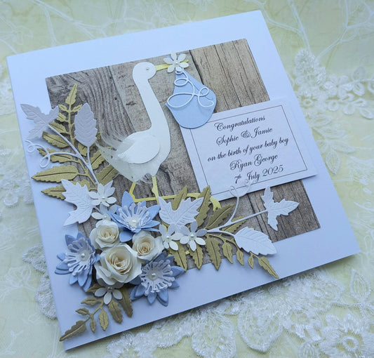 Unique, Handmade New / Birth of Baby Boy Card * 3D * Personalised * Boxed * Rustic Style * Luxury