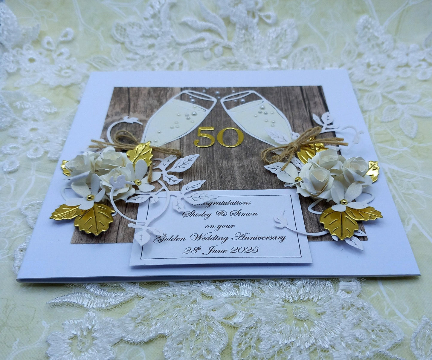 Unique, Handmade, Golden Wedding Anniversary Card * 50th * Personalised * 3D * Boxed * Rustic Style * Luxury