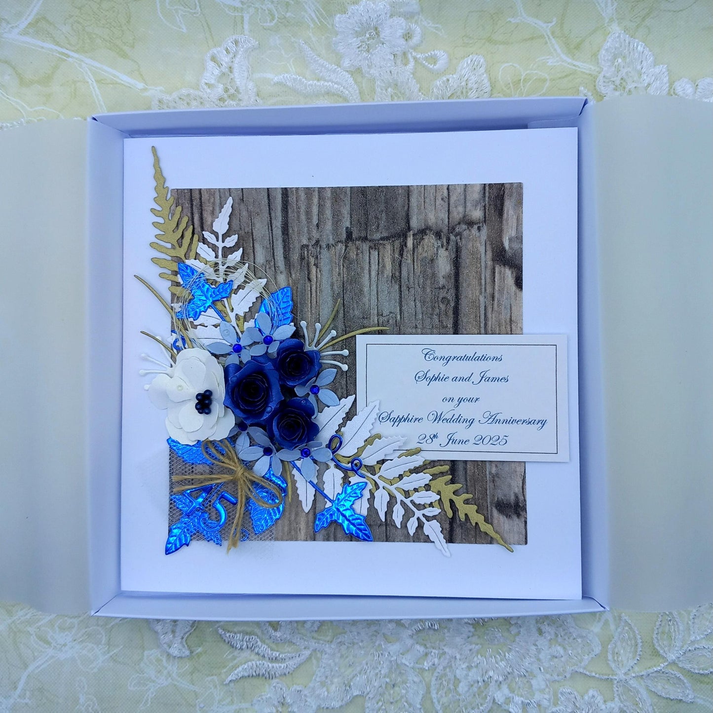 Unique, Handmade, 45th Sapphire Wedding Anniversary Card * 3D *  Boxed * Personalised * Rustic style * Luxury