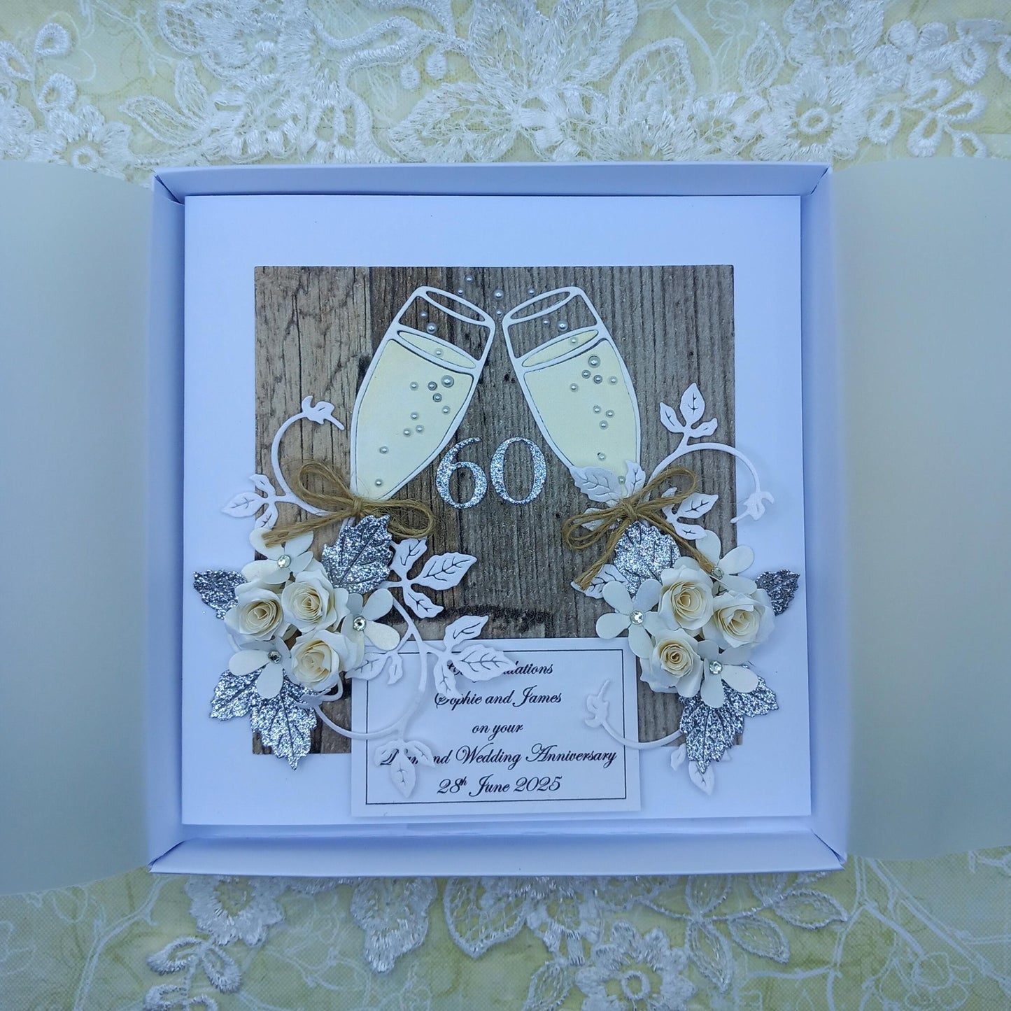 Unique, Handmade,  Diamond Wedding Anniversary * 60th * Card * 3D * Boxed * Personalised * Rustic style * Luxury