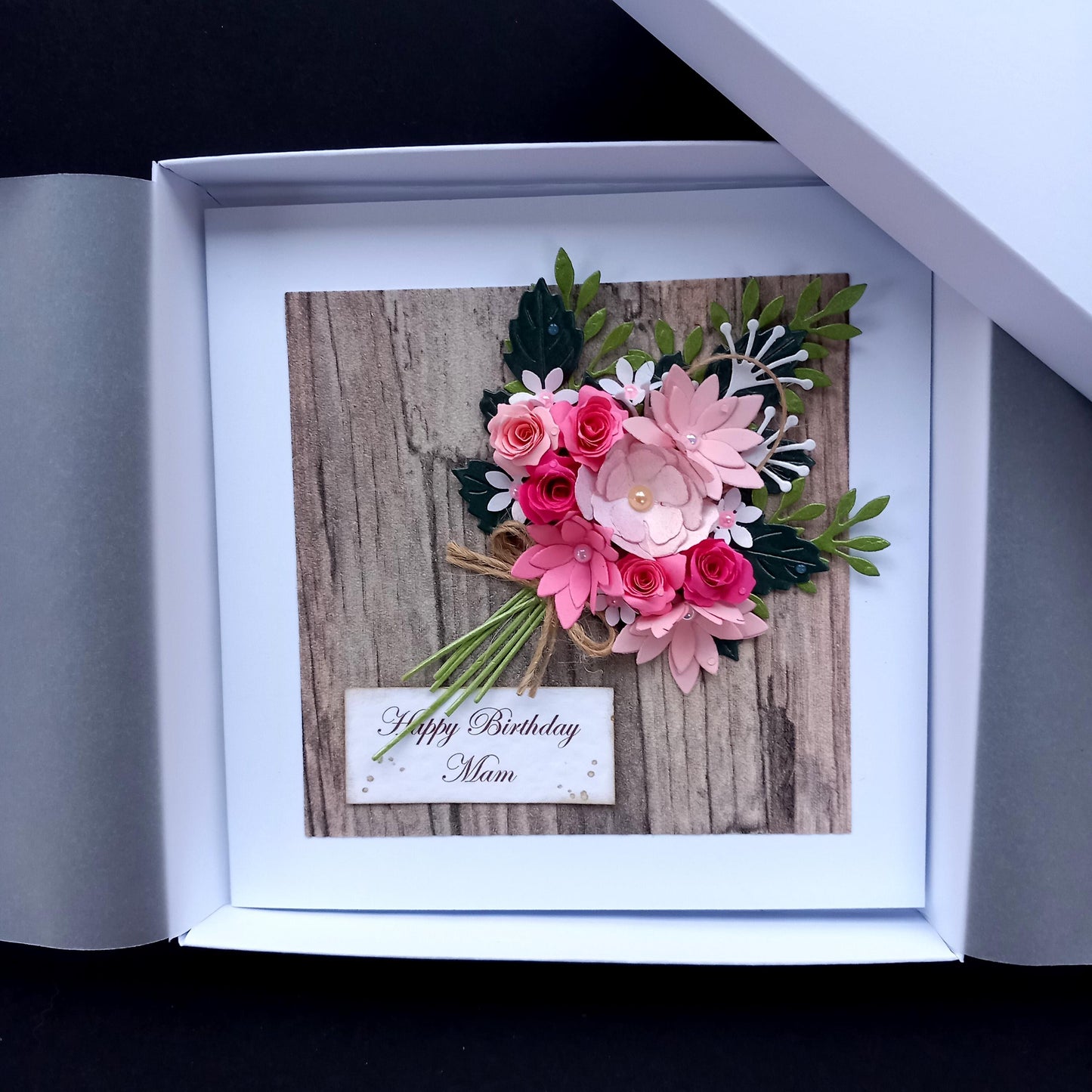 Handmade Luxury Birthday Card * Personalised * Boxed * 3D * Unique Rustic Design with Pink Flowers Bouquet