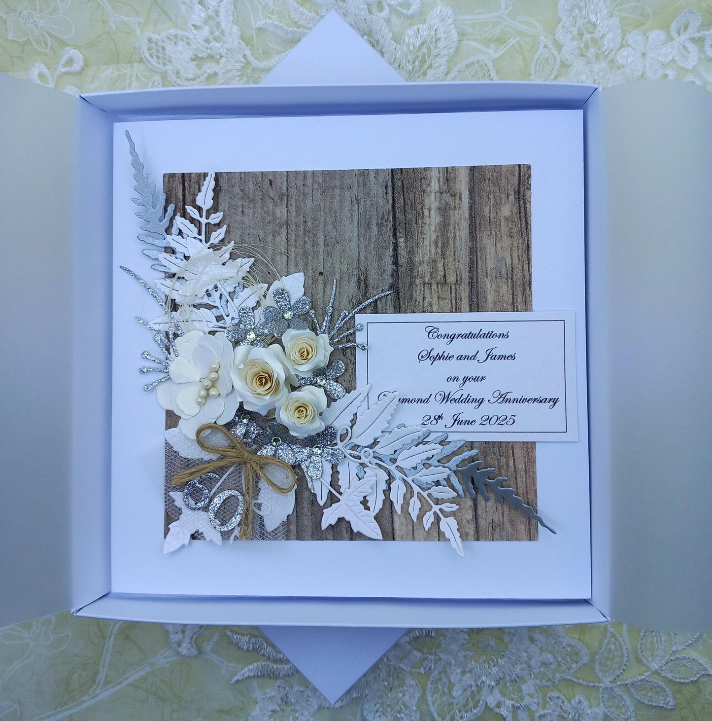 Unique, handmade  Diamond Wedding Anniversary, 60th, card * 3D * Boxed * Personalised * Rustic style * Luxury