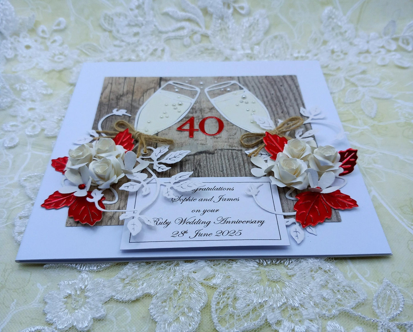 Unique, Handmade 40th  Ruby Wedding Anniversary Card * 3D * Boxed * Personalised *  Rustic Style * Luxury
