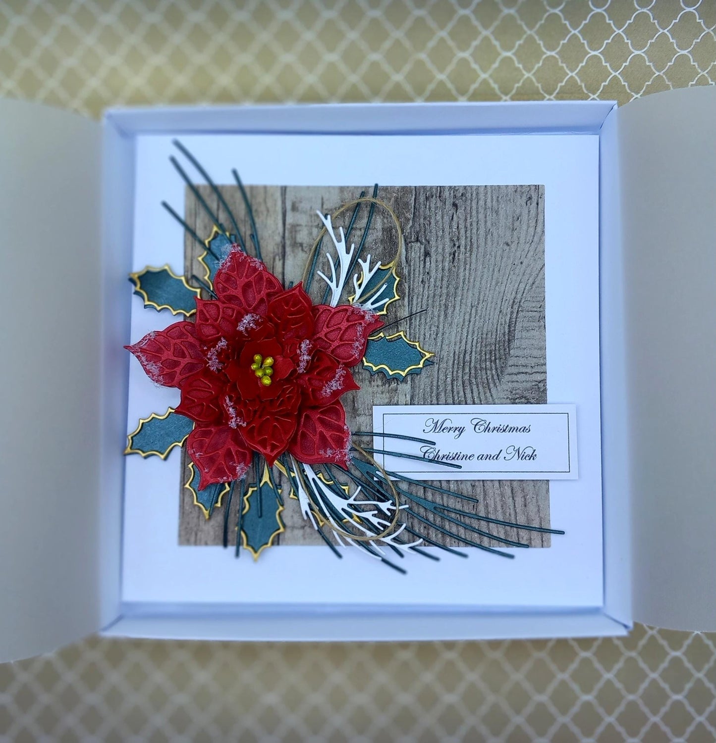 Handmade Luxury Christmas Card * Personalised * 3D * Boxed * Rustic Style with red poinsettia