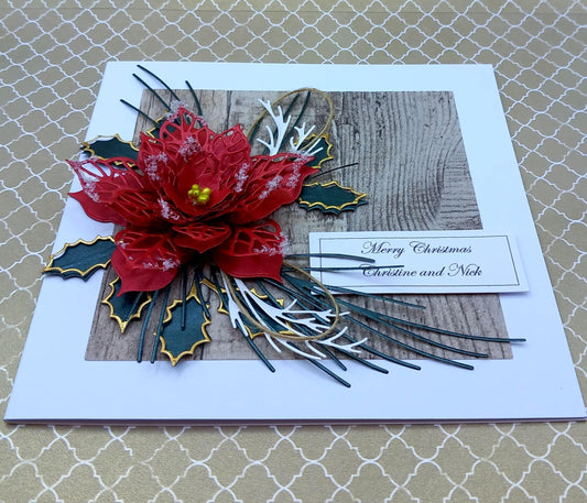 Handmade Luxury Christmas Card * Personalised * 3D * Boxed * Rustic Style with red poinsettia