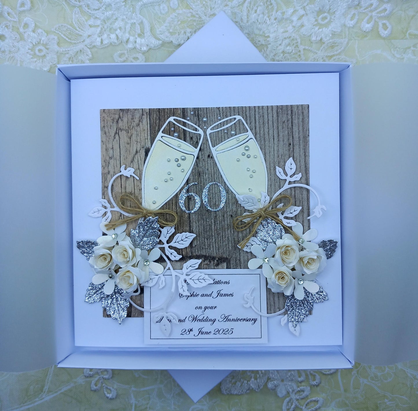 Unique, Handmade,  Diamond Wedding Anniversary * 60th * Card * 3D * Boxed * Personalised * Rustic style * Luxury