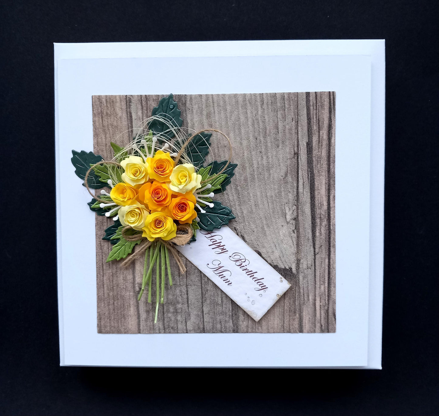 Handmade Luxury Birthday Card * Personalised * Boxed * 3D * Unique Rustic Style with Yellow Flowers Posy