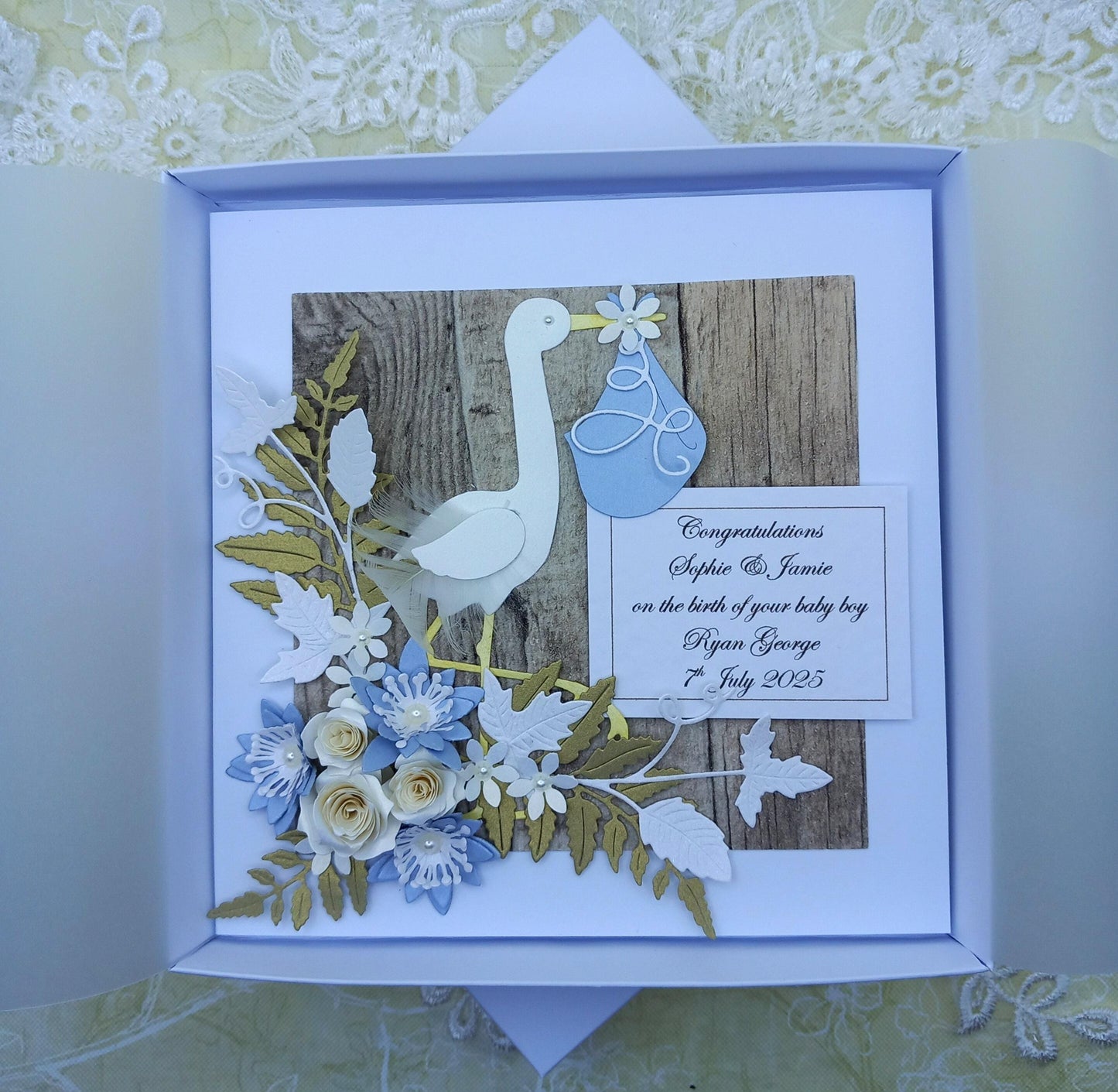 Unique, Handmade New / Birth of Baby Boy Card * 3D * Personalised * Boxed * Rustic Style * Luxury
