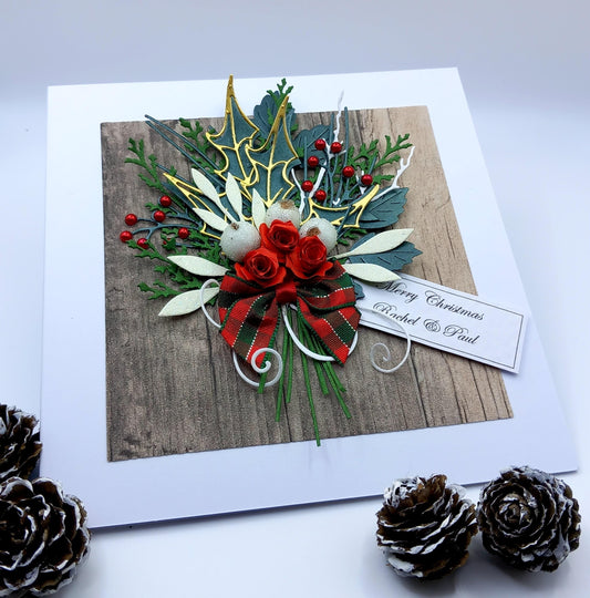 Handmade Luxury Christmas Card * Personalised * 3D * Boxed * Rustic Style * Christmas bouquet with tartan bow.
