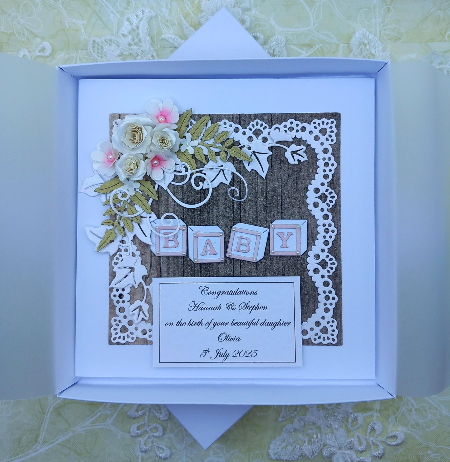 Unique, Handmade New / Birth of Baby Girl Card * Rustic Style * 3D * Personalised * Boxed * Luxury
