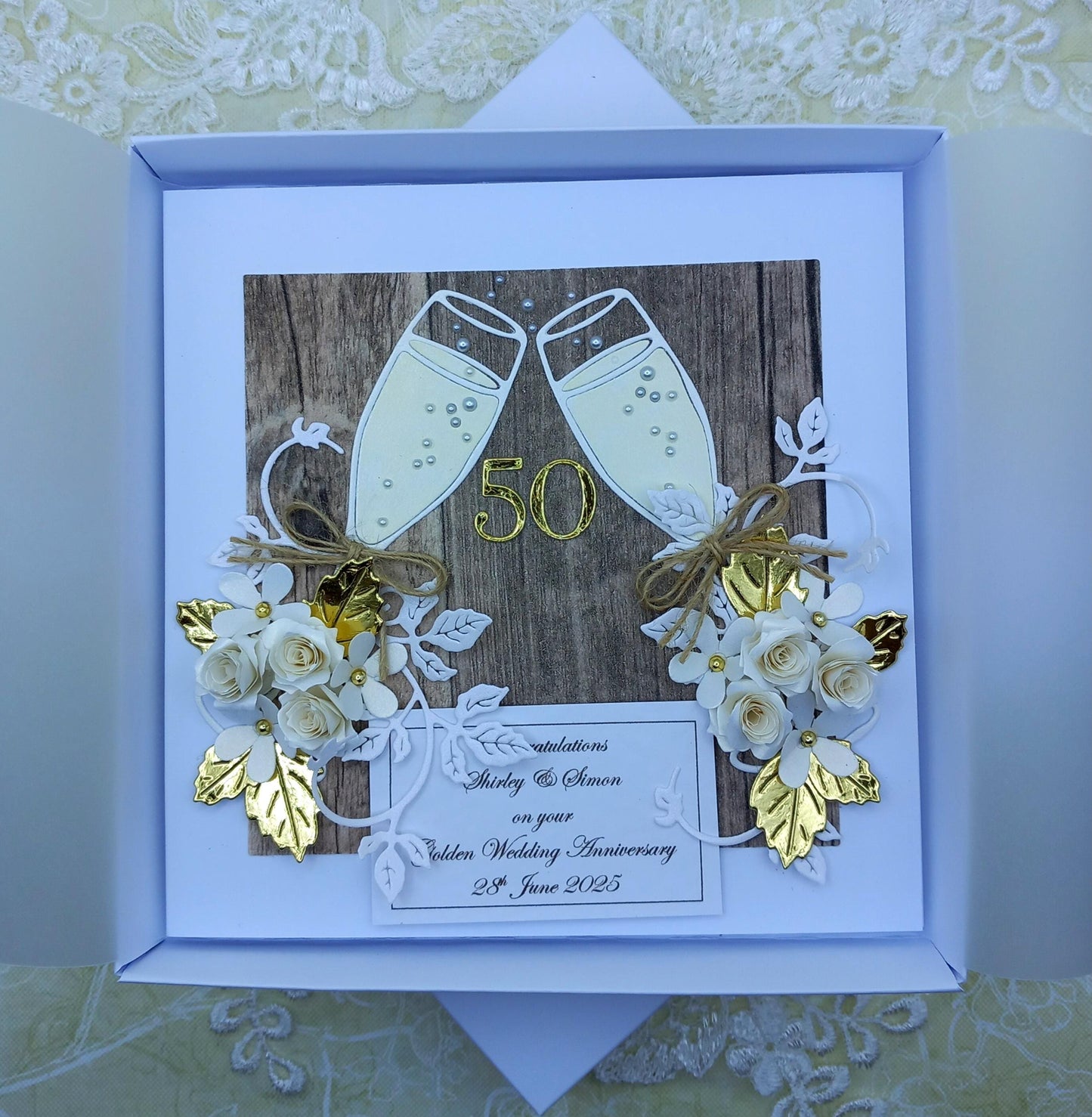 Unique, Handmade, Golden Wedding Anniversary Card * 50th * Personalised * 3D * Boxed * Rustic Style * Luxury