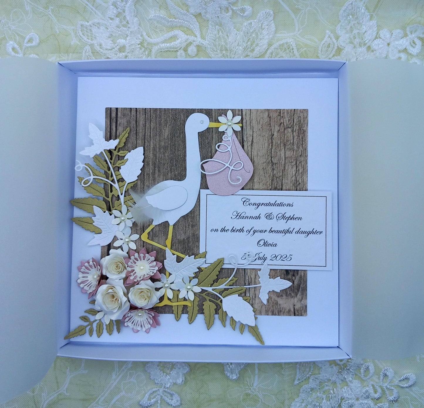 Unique, Handmade New / Birth of Baby Girl Card * Rustic Style * 3D * Personalised * Boxed * Luxury
