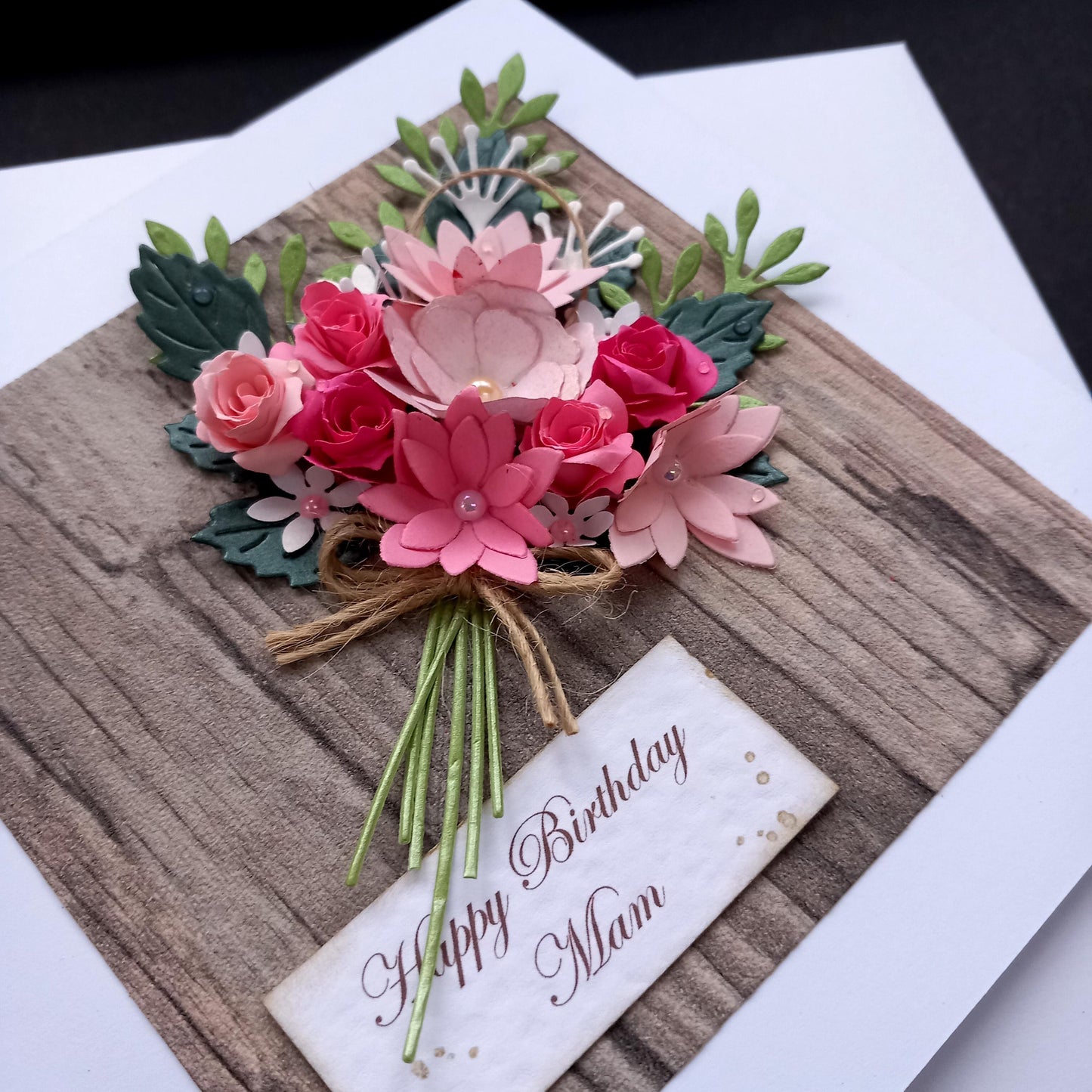 Handmade Luxury Birthday Card * Personalised * Boxed * 3D * Unique Rustic Design with Pink Flowers Bouquet