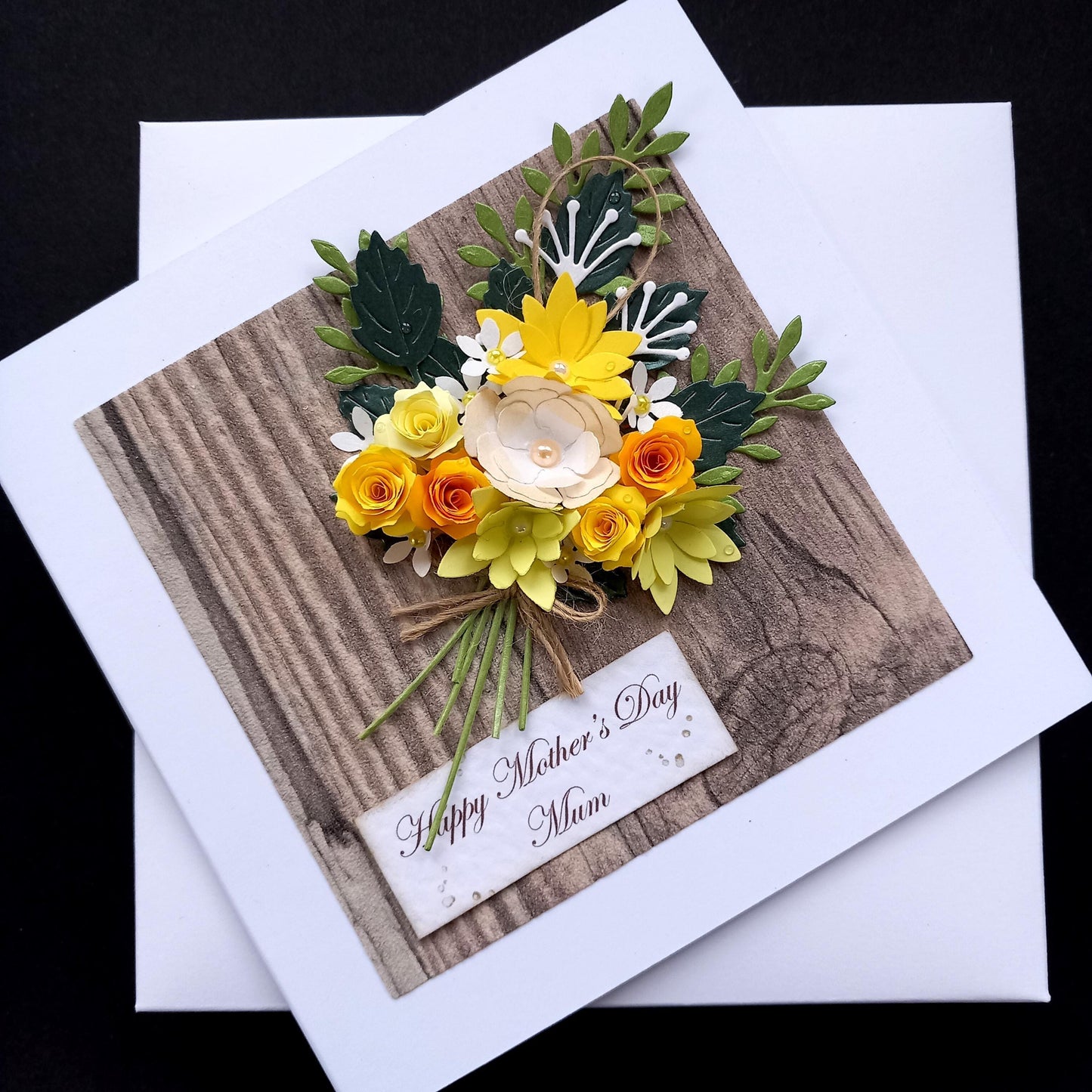 Handmade Luxury Birthday Card * Personalised * Boxed * 3D * Unique Rustic Style with Yellow Bouquet