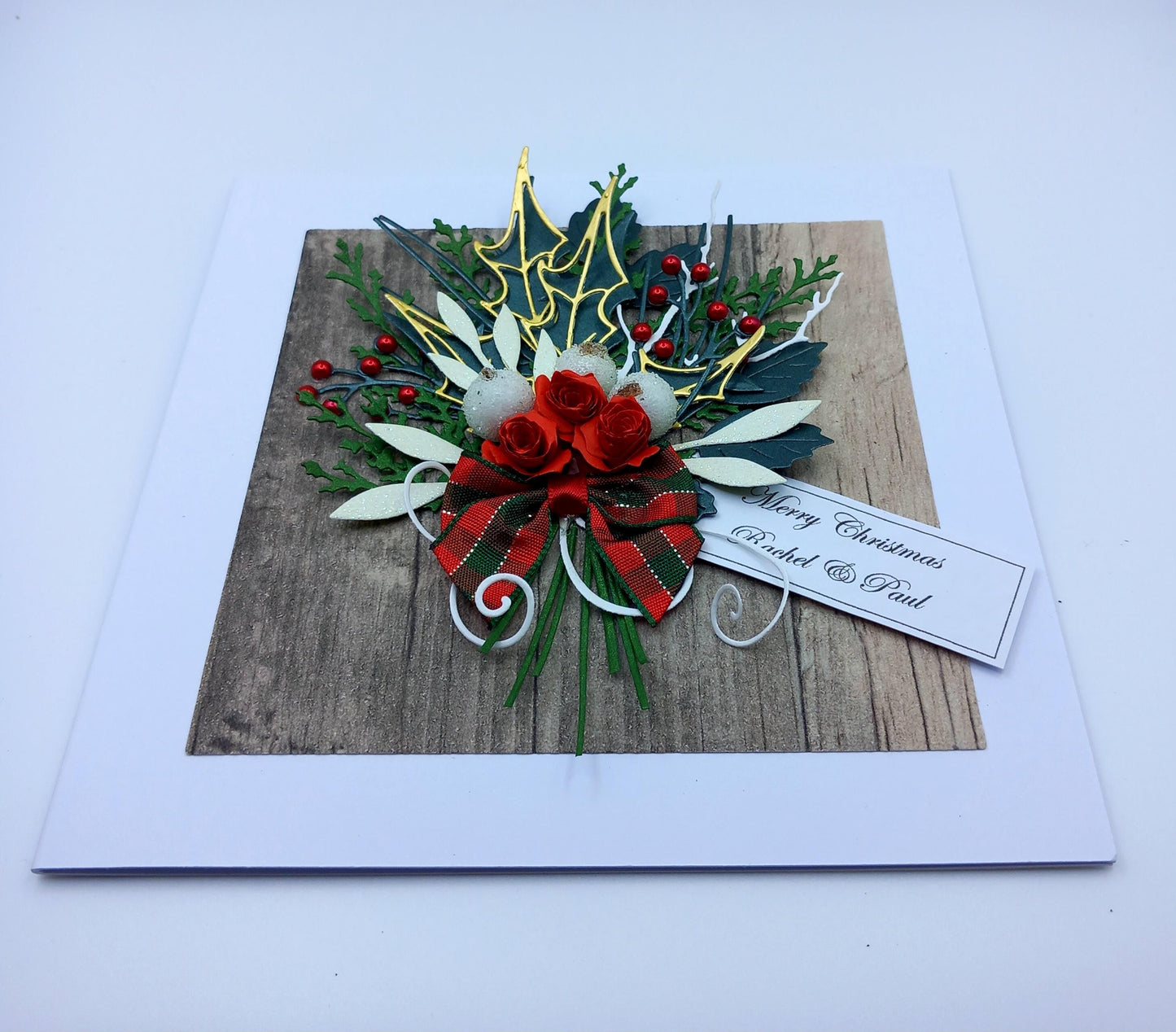Handmade Luxury Christmas Card * Personalised * 3D * Boxed * Rustic Style * Christmas bouquet with tartan bow.