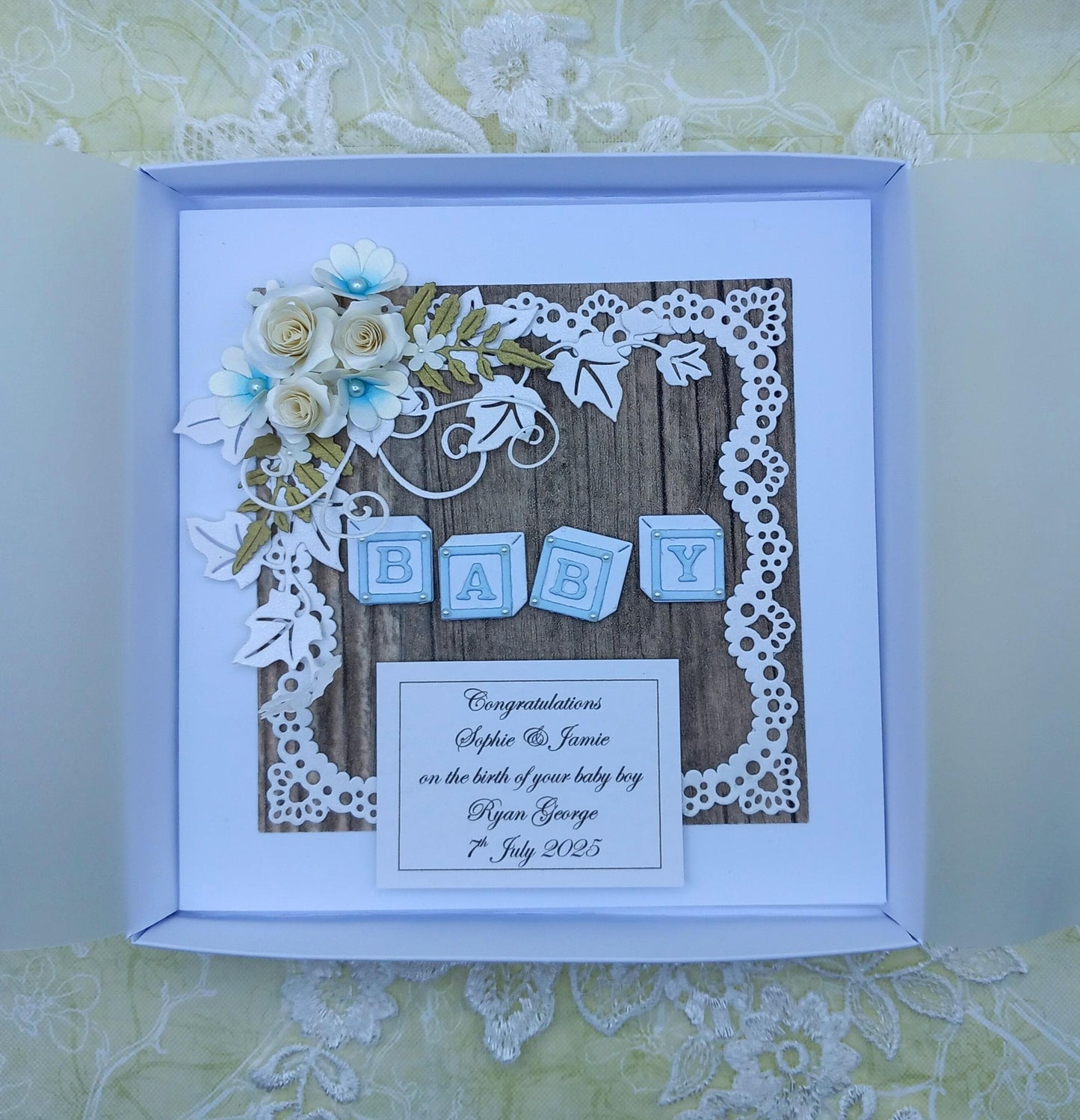 Unique, Handmade,  New / Birth of Baby Boy Card * 3D * Personalised * Boxed * Rustic Style * Luxury