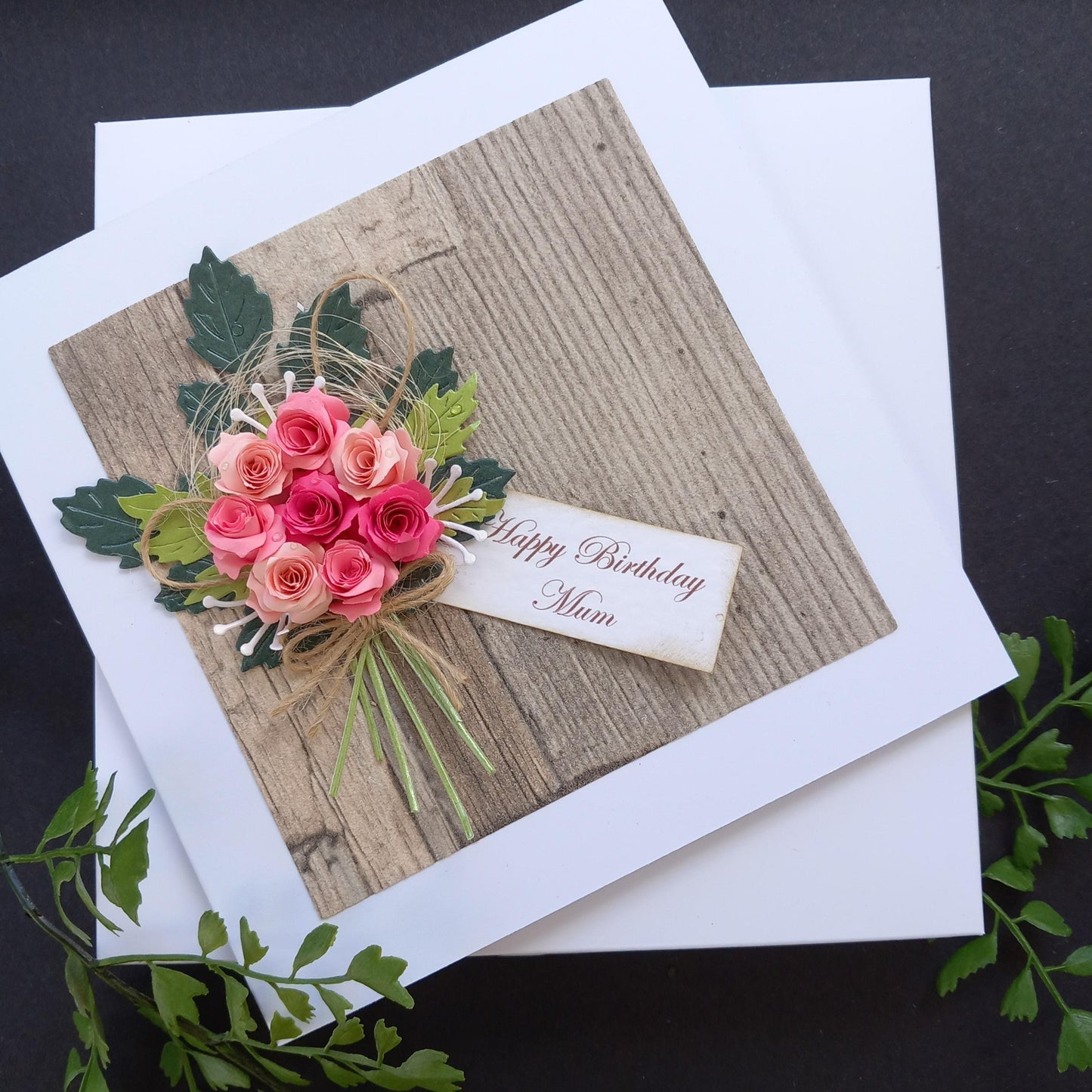 Unique, Handmade, Birthday  or any occasion Card * Personalised * 3D * Rustic Style * Boxed * Luxury  * Pink Roses Bouquet