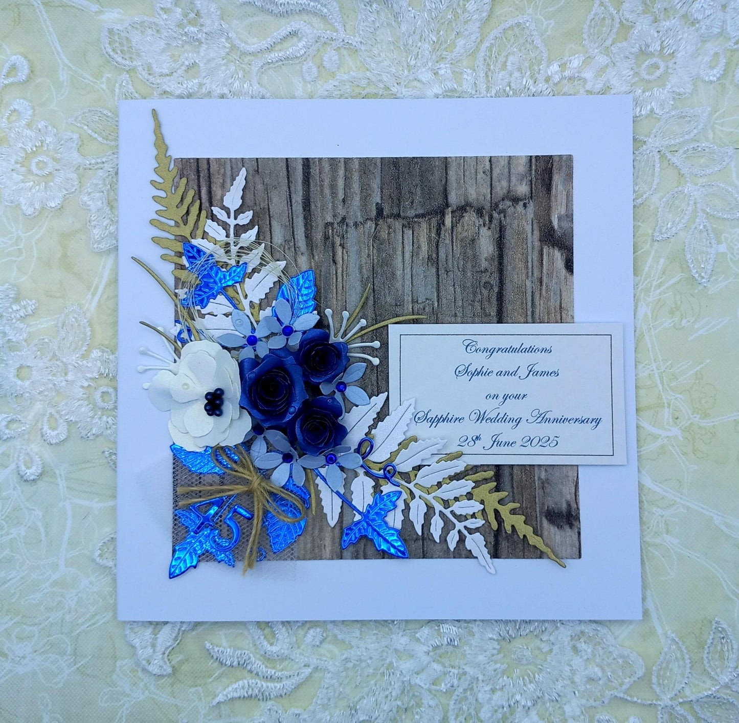Unique, Handmade, 45th Sapphire Wedding Anniversary Card * 3D *  Boxed * Personalised * Rustic style * Luxury